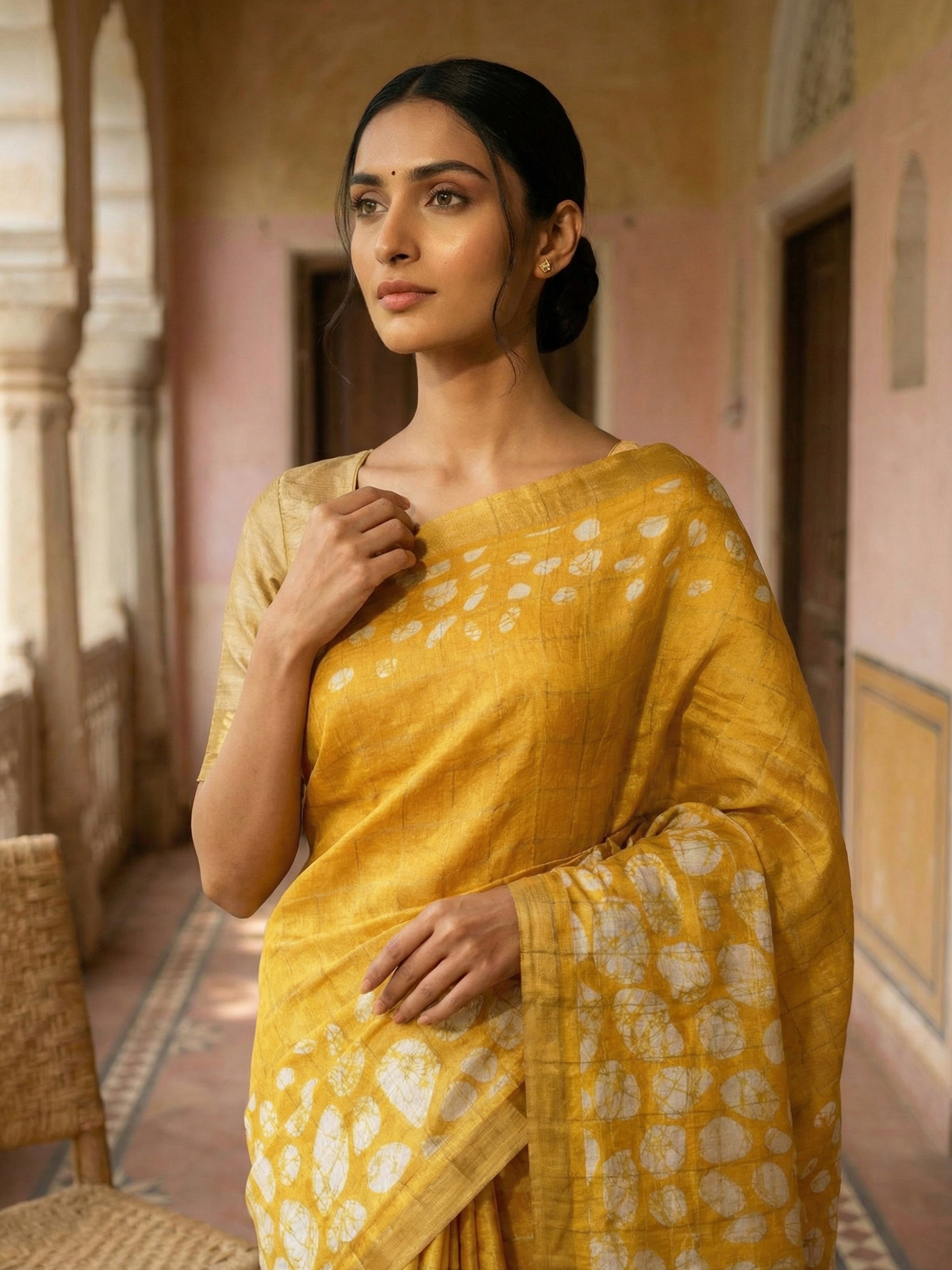 Pure Tussar Silk Saree in Mustard Yellow with Checked Body and Batik-Style Printed Pallu