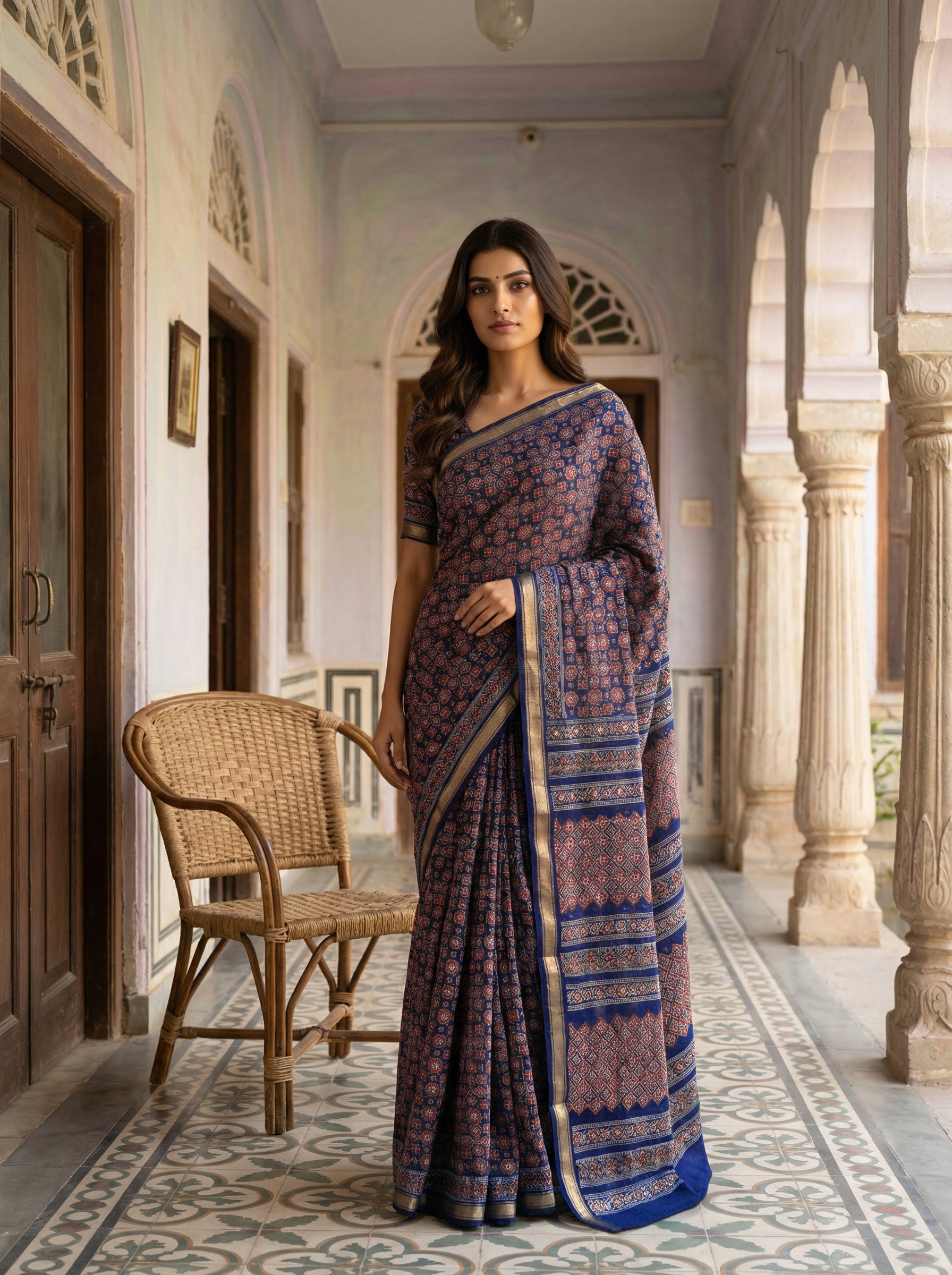Navy Blue Ajrak Printed Cotton Saree
