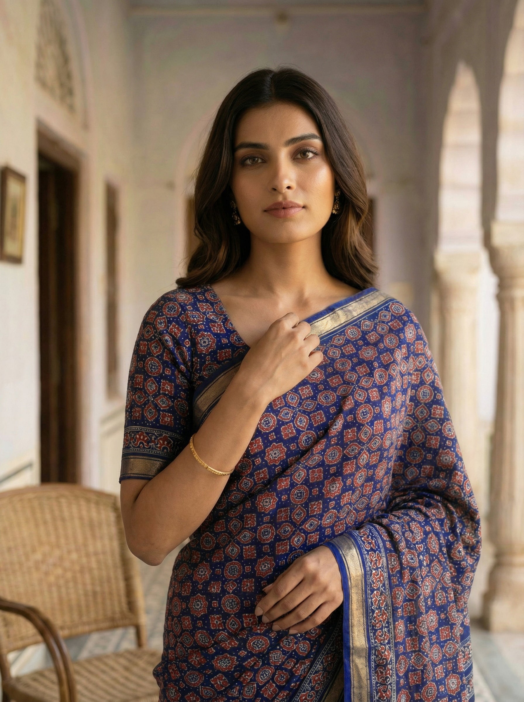 Navy Blue Ajrak Printed Cotton Saree