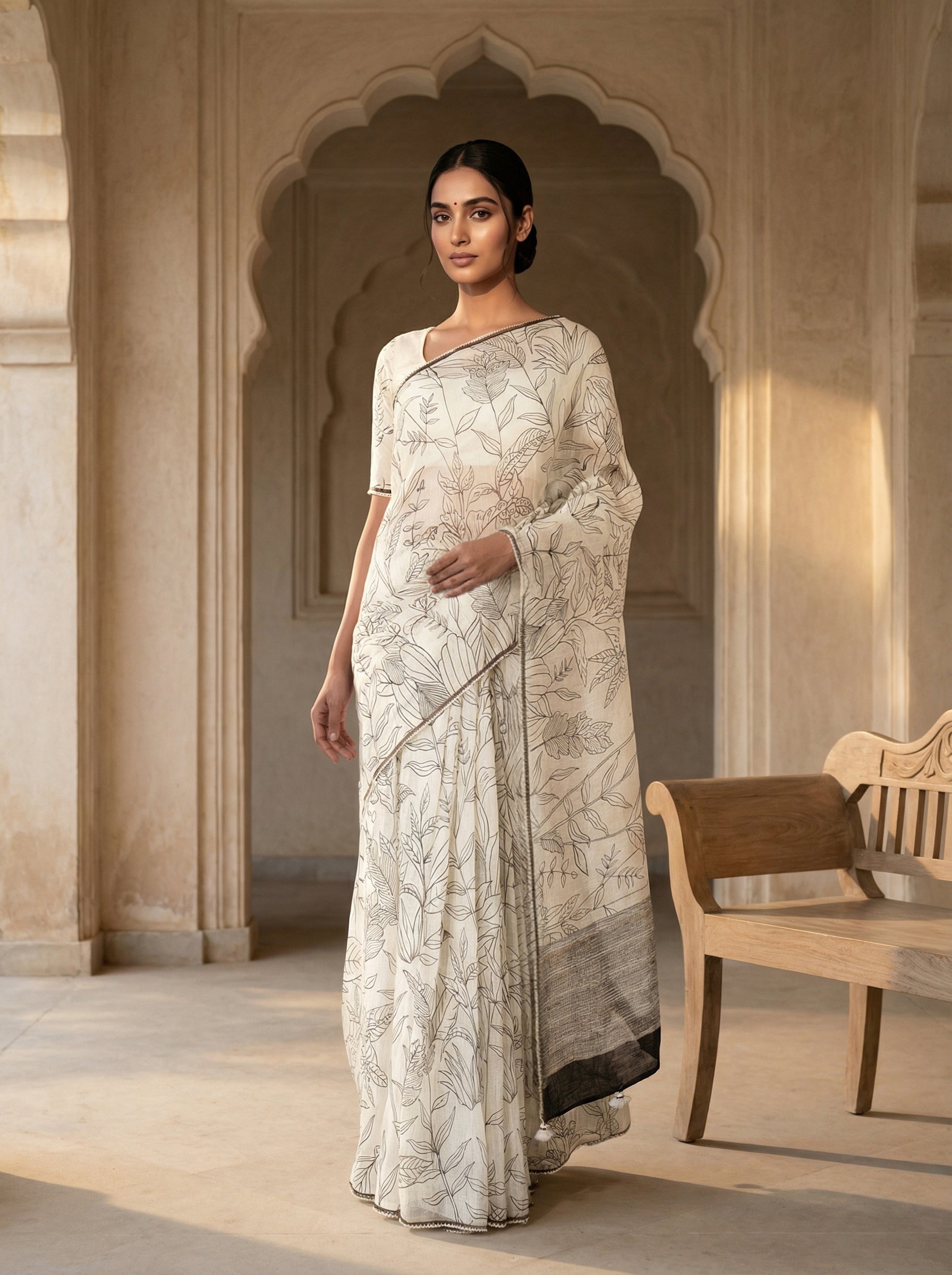 White Tusser Silk Saree With Black Botanical Print Design