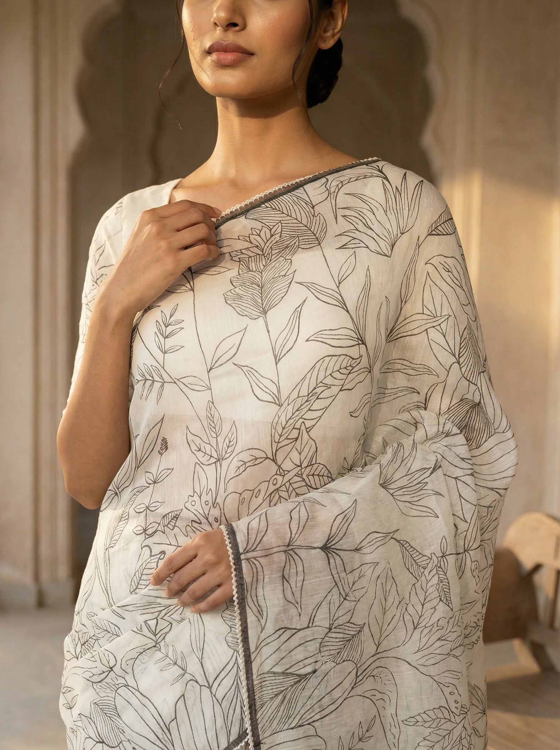 White Tusser Silk Saree With Black Botanical Print Design