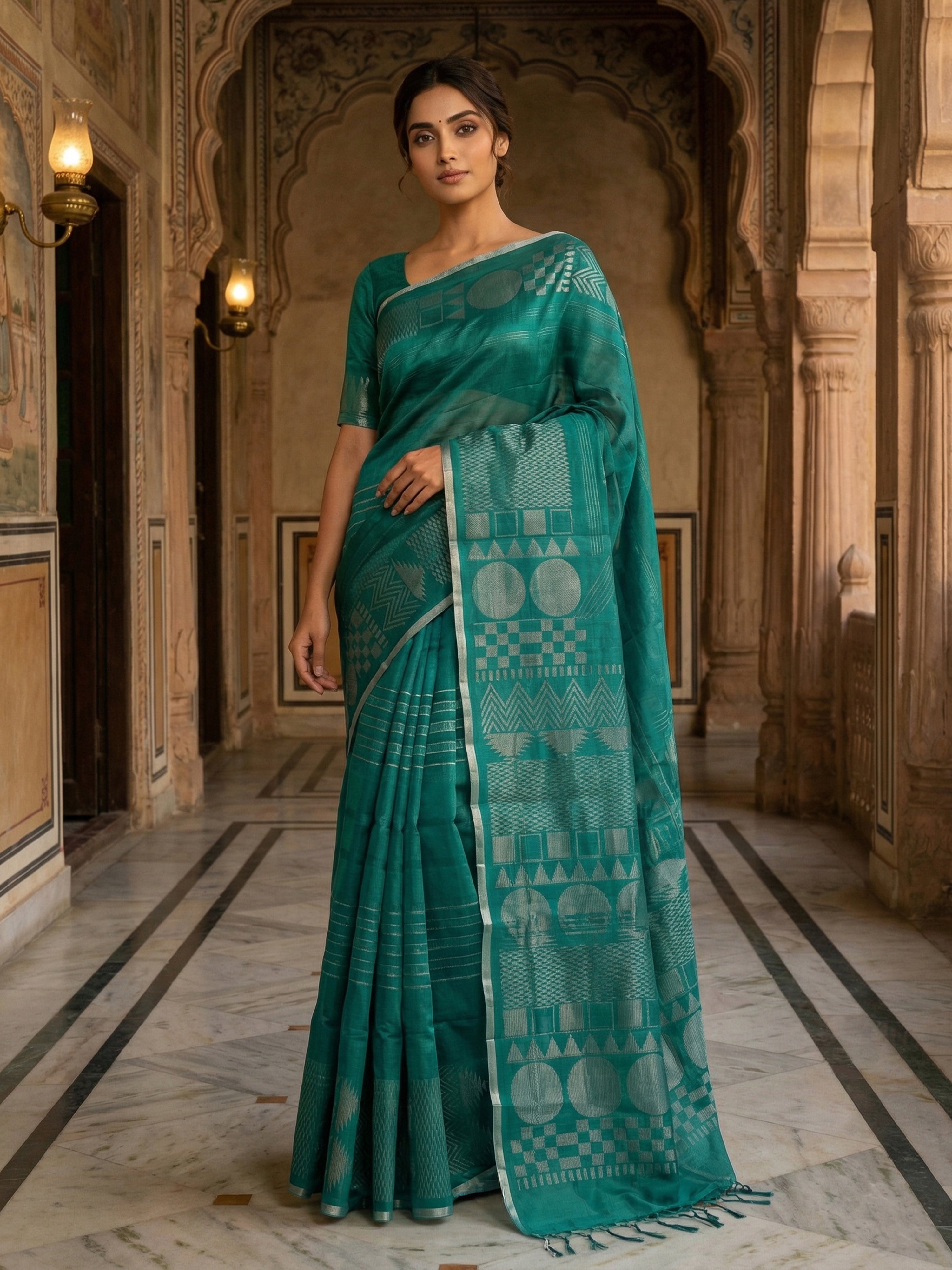 Pure Kancheepuram Silk Saree in Mallard Green with Antique Silver Zari – Striped Body