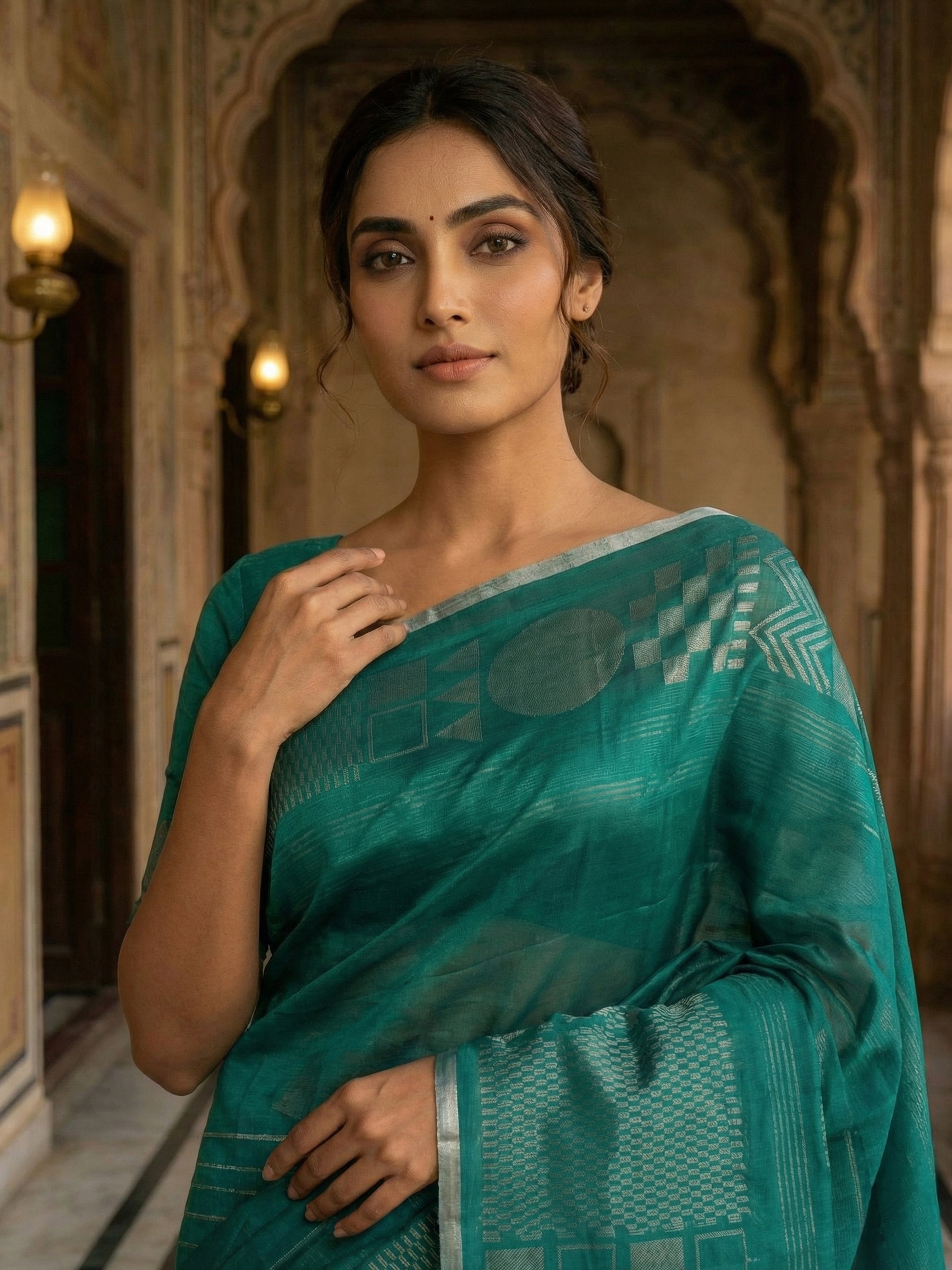 Pure Kancheepuram Silk Saree in Mallard Green with Antique Silver Zari – Striped Body