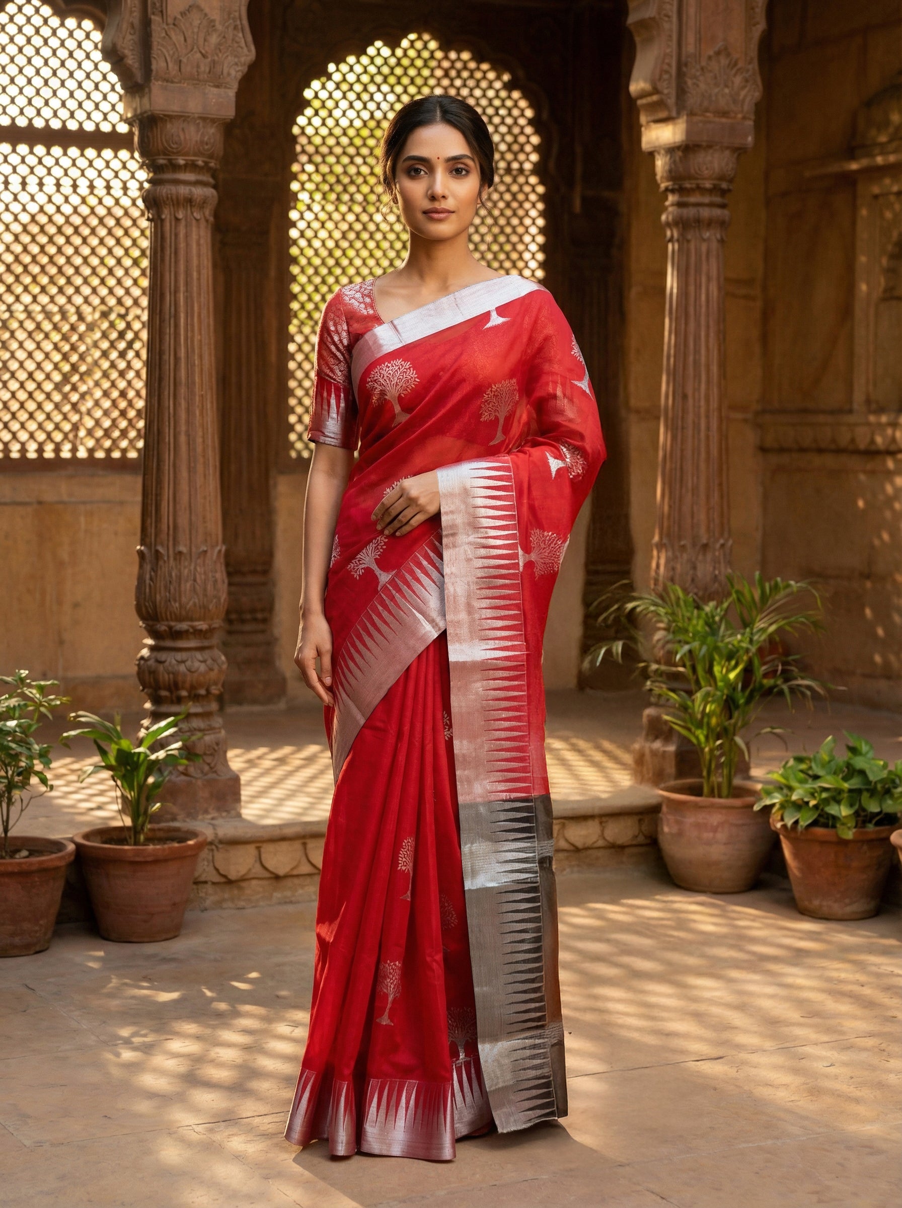 Red Sayanora Saree With Silver Buttas And Border