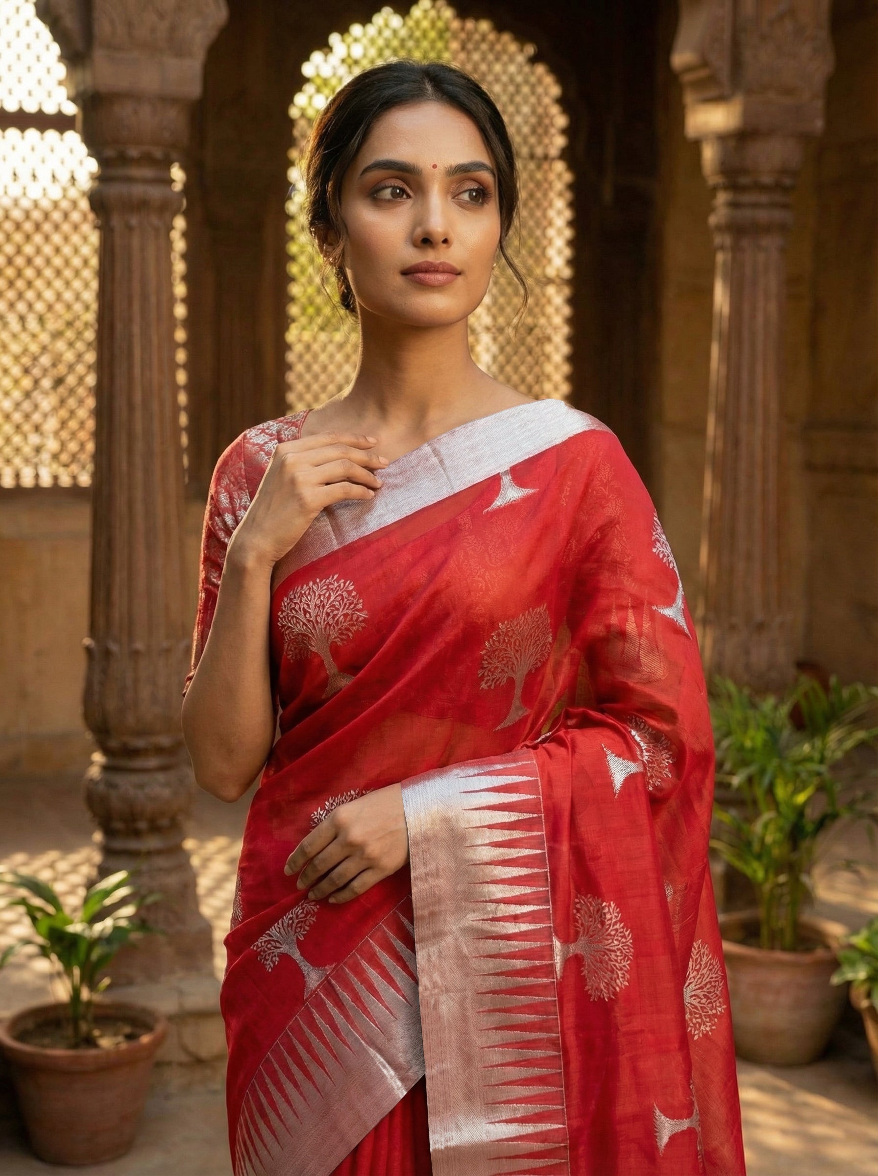 Red Sayanora Saree With Silver Buttas And Border