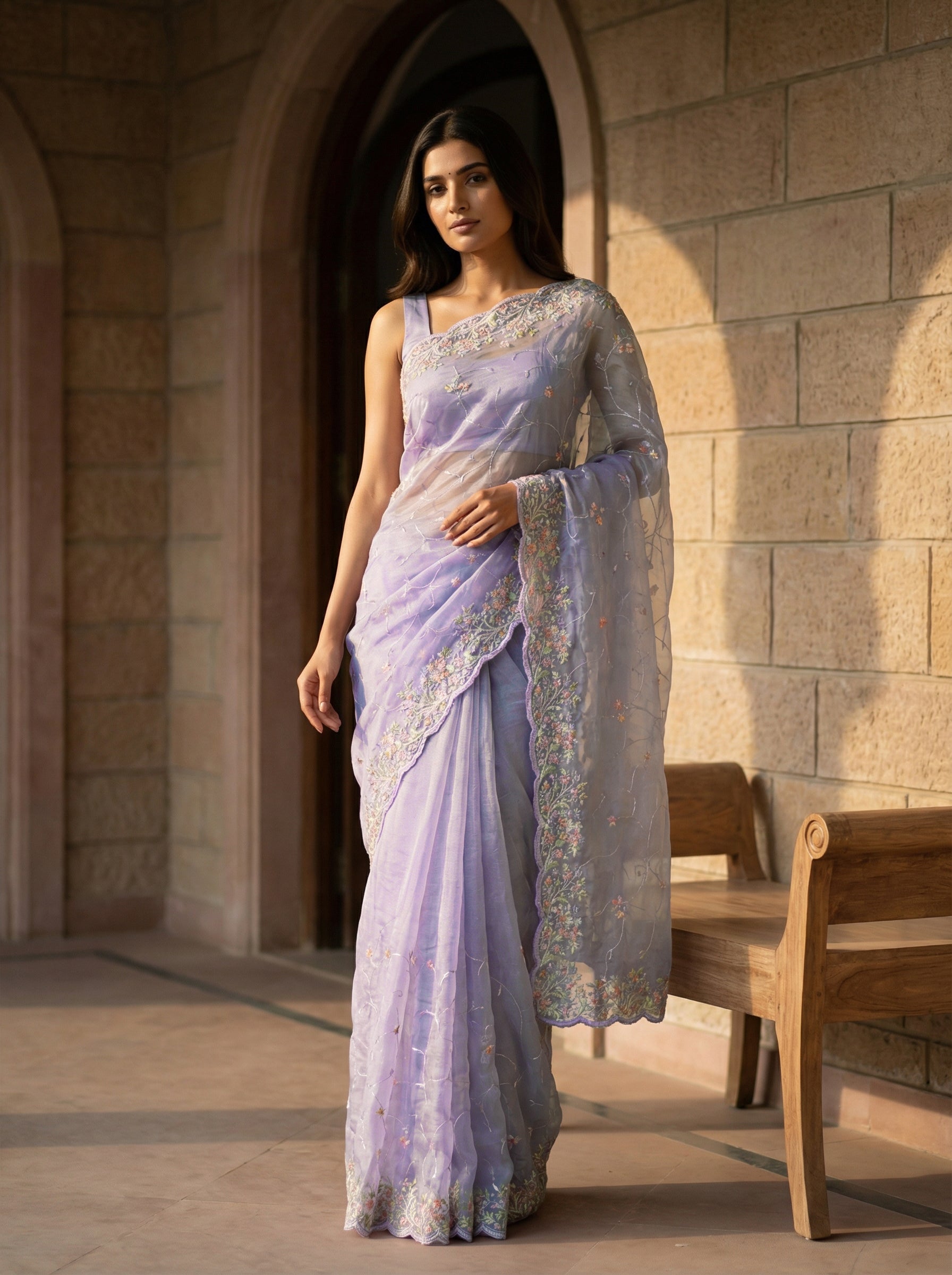 Lavender Embroidery Designed Ethnic Wear Saree