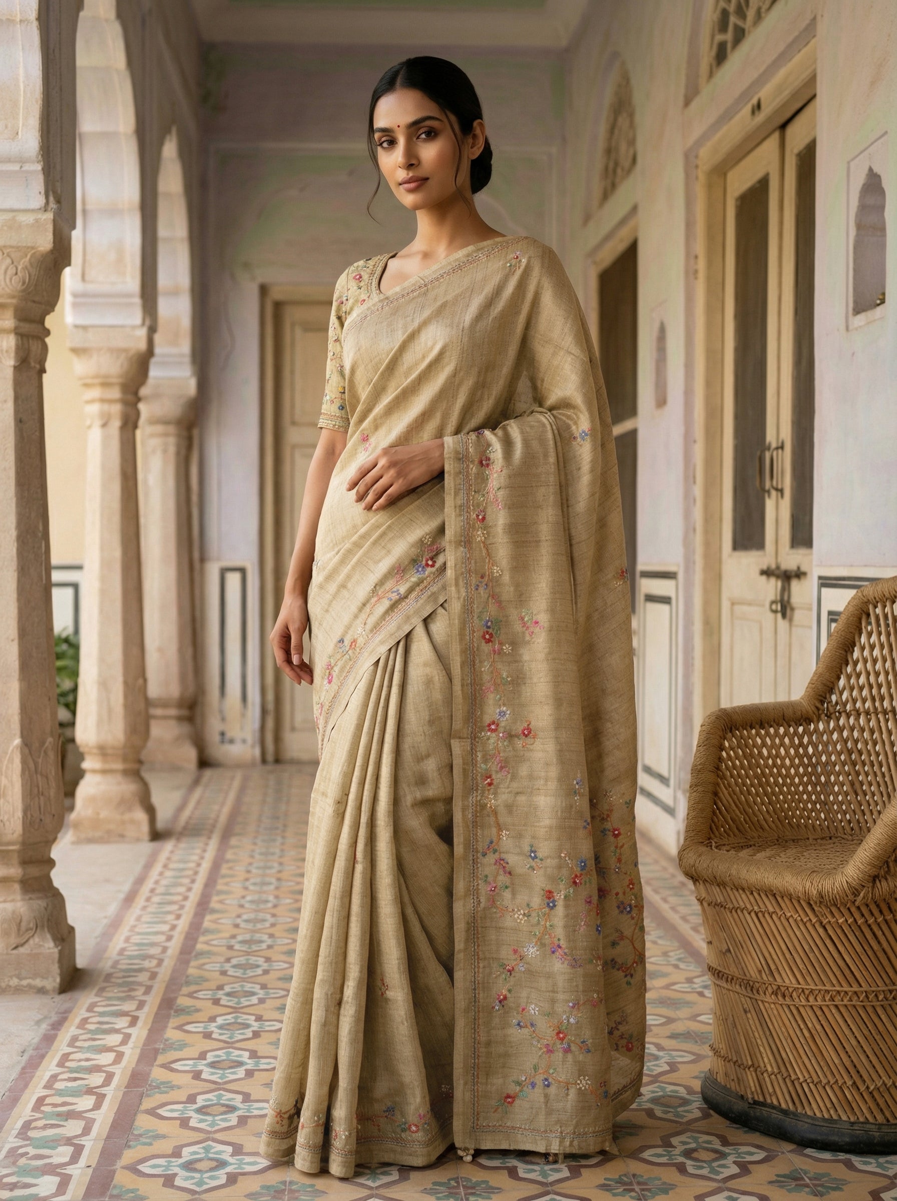 Ivory Gold Ethnic Wear Saree With Floral Embroidered Border