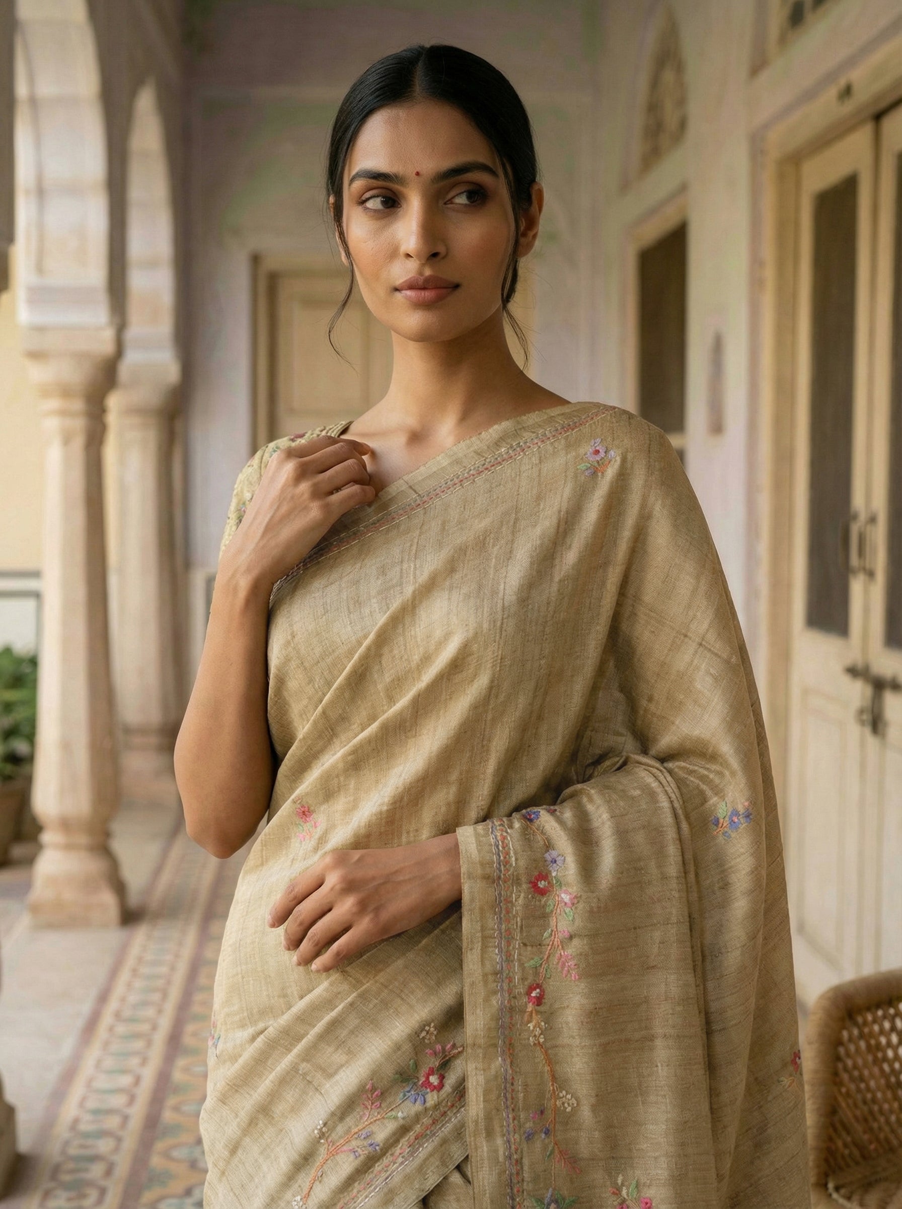 Ivory Gold Ethnic Wear Saree With Floral Embroidered Border