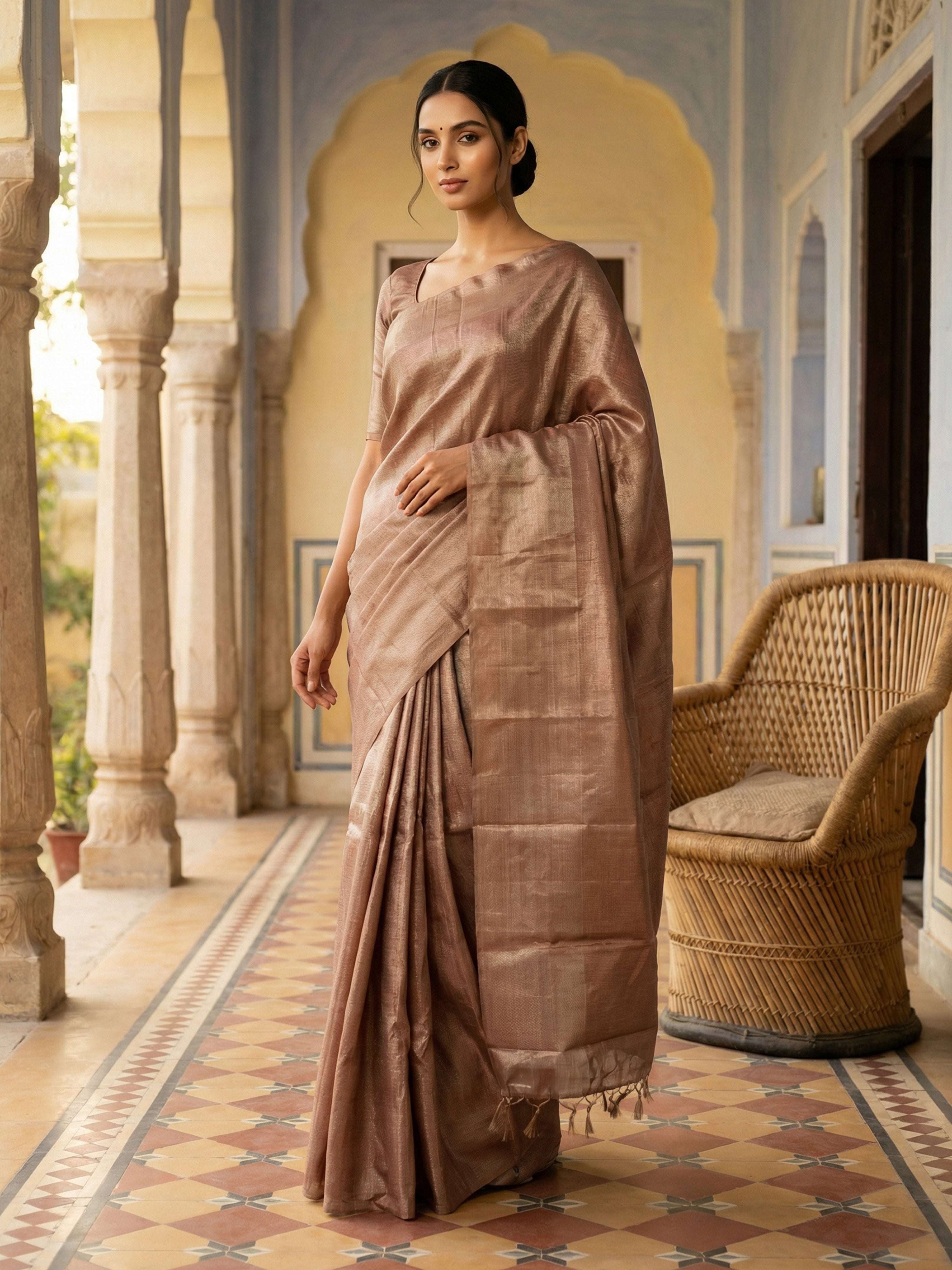 Pure Kancheepuram Brocade Silk Saree in Bright Bisque with Diamond Body And Copper Zari