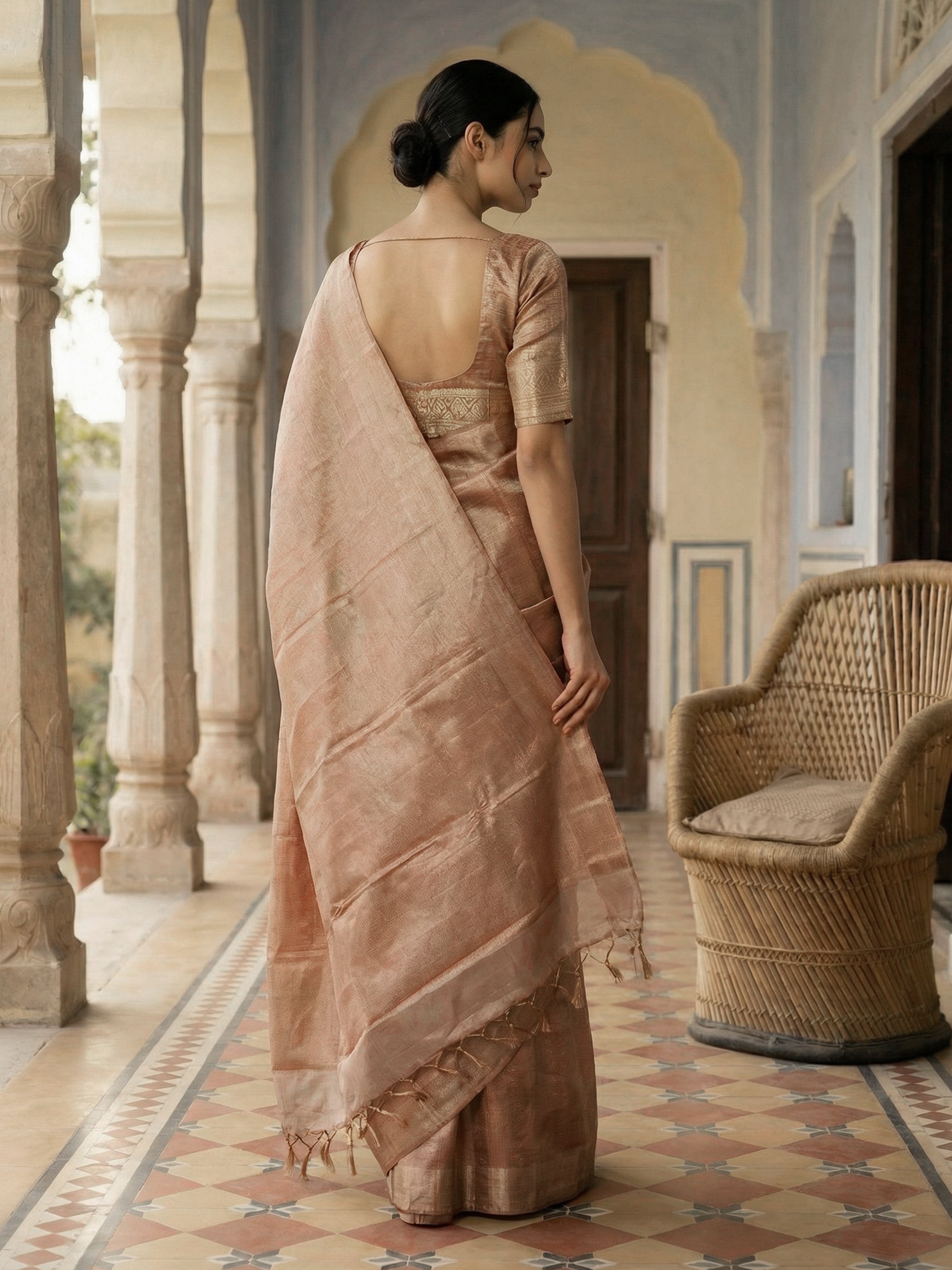 Pure Kancheepuram Brocade Silk Saree in Bright Bisque with Diamond Body And Copper Zari