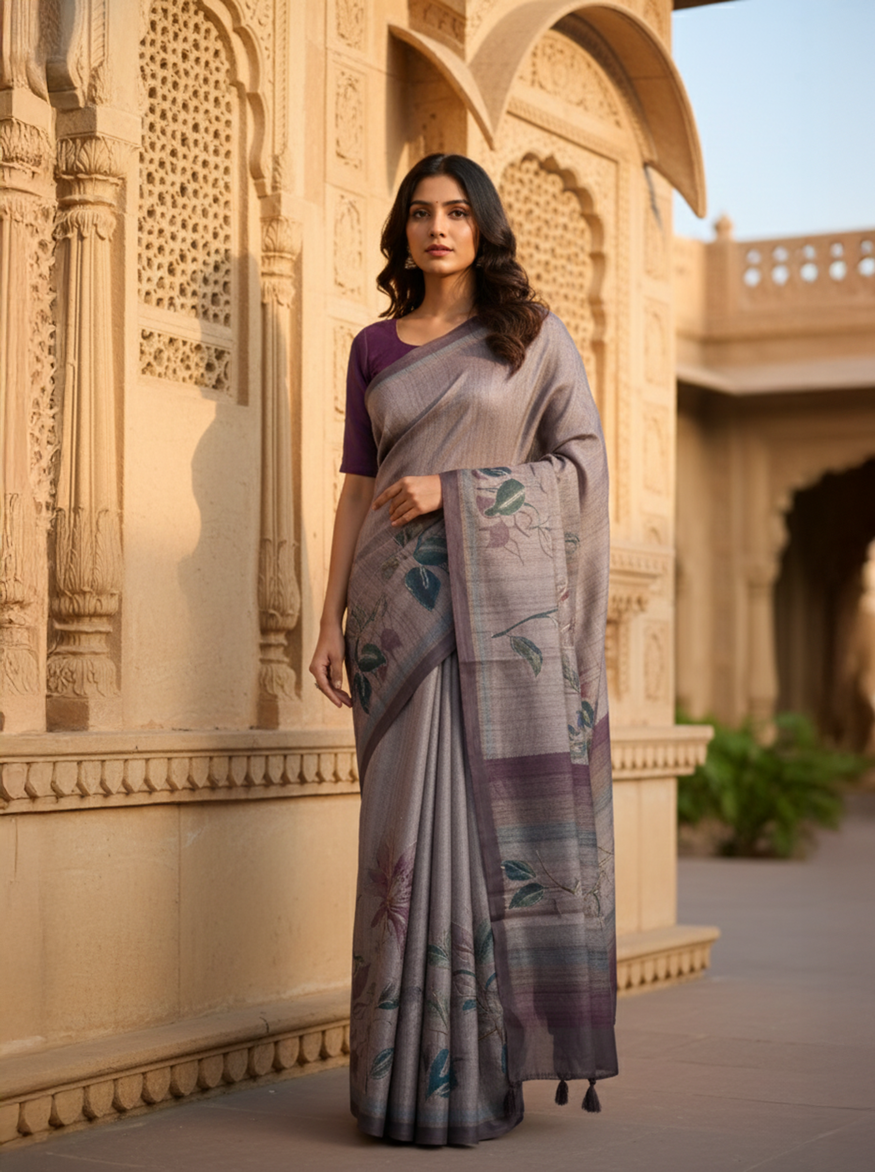 Pastel Brown Semi Tussar Saree With Leaf Printed Border