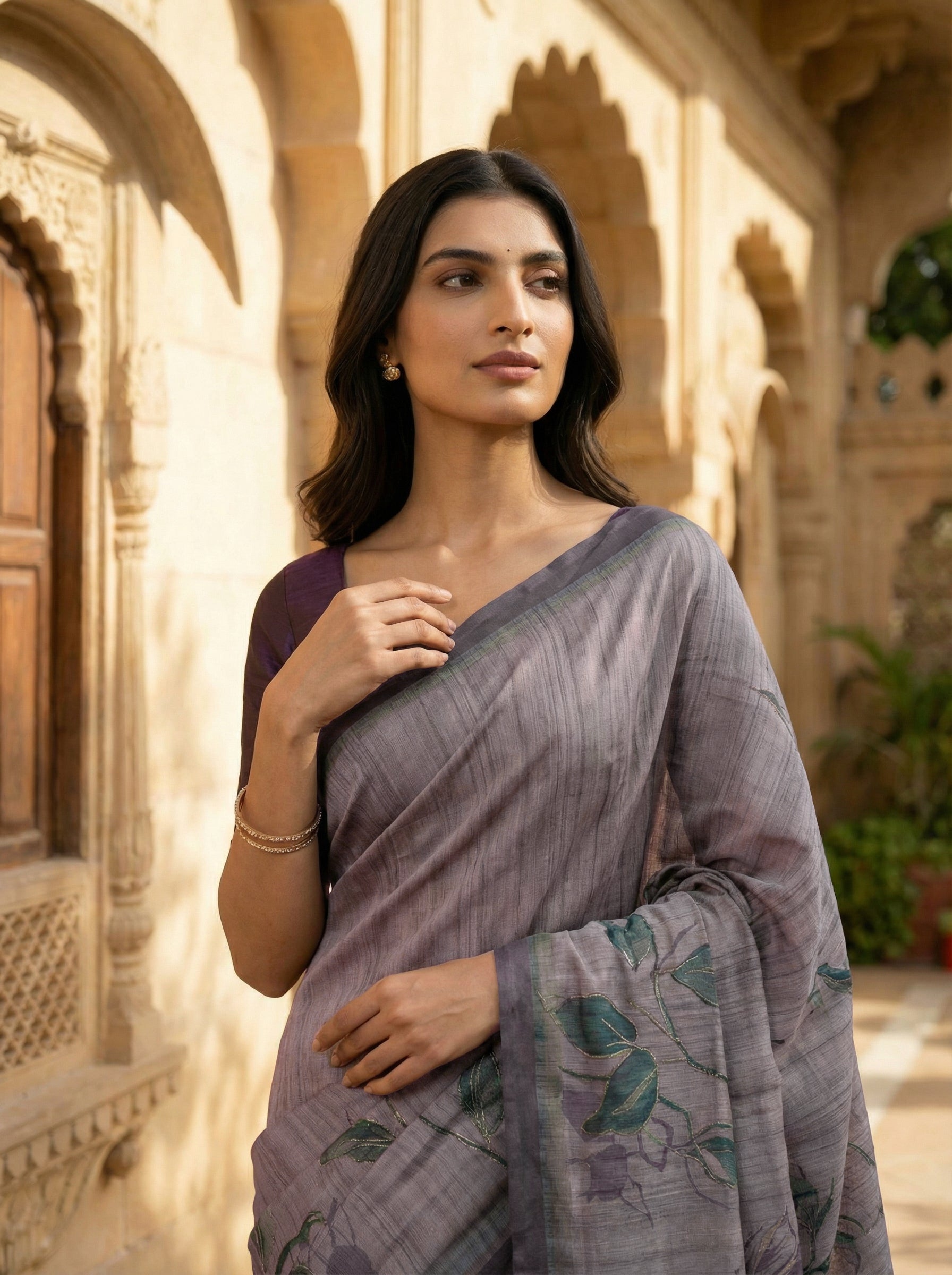 Pastel Brown Semi Tussar Saree With Leaf Printed Border