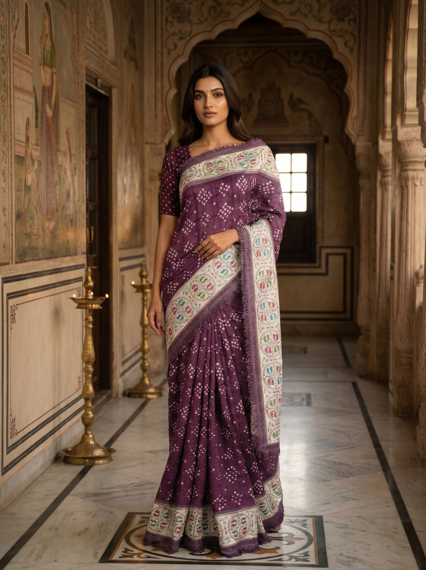 Grape Purple Bandhani Designed Ethnic Wear Saree