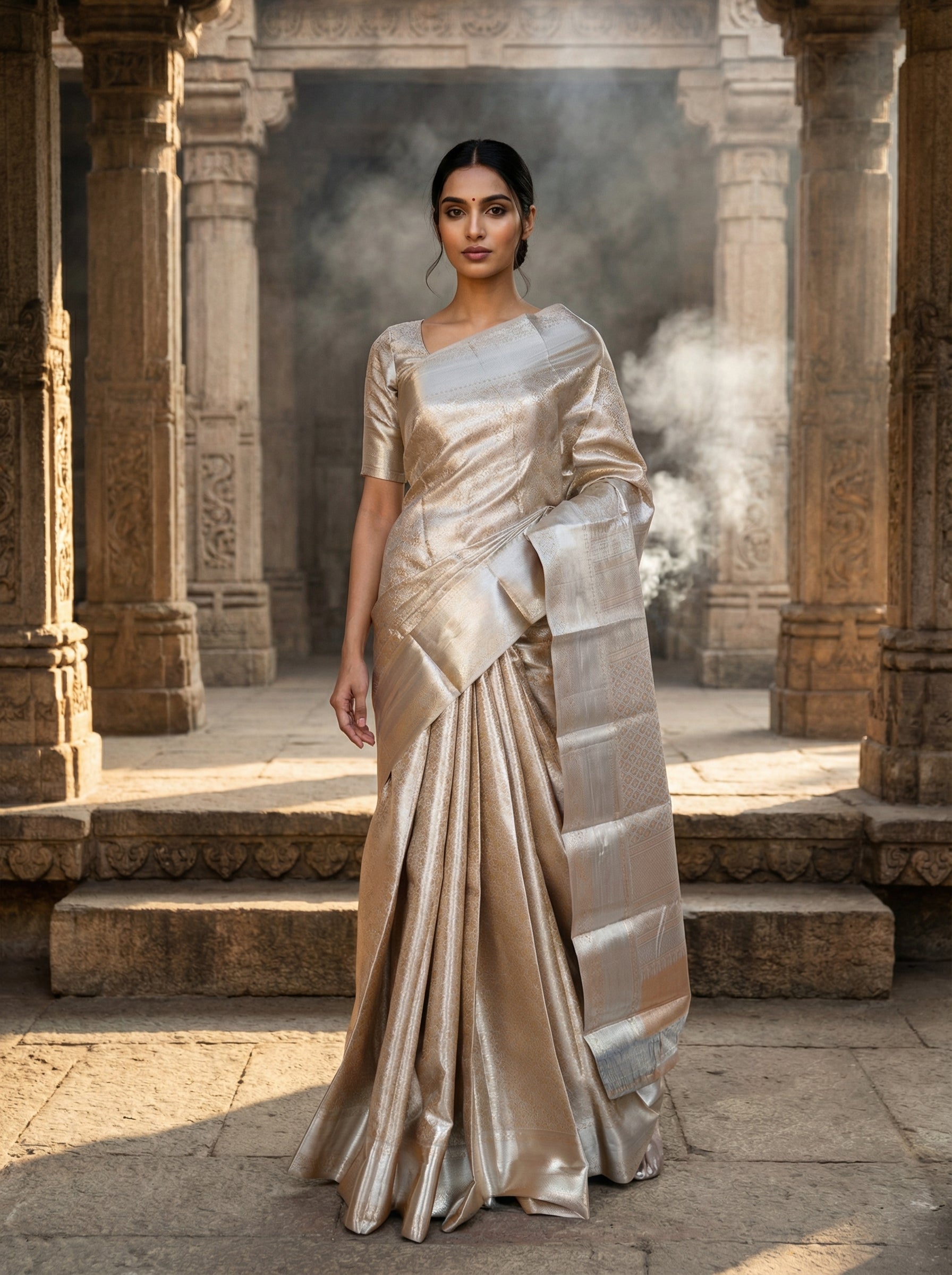 Orange With Silver Zari Designed Semi Silk Saree