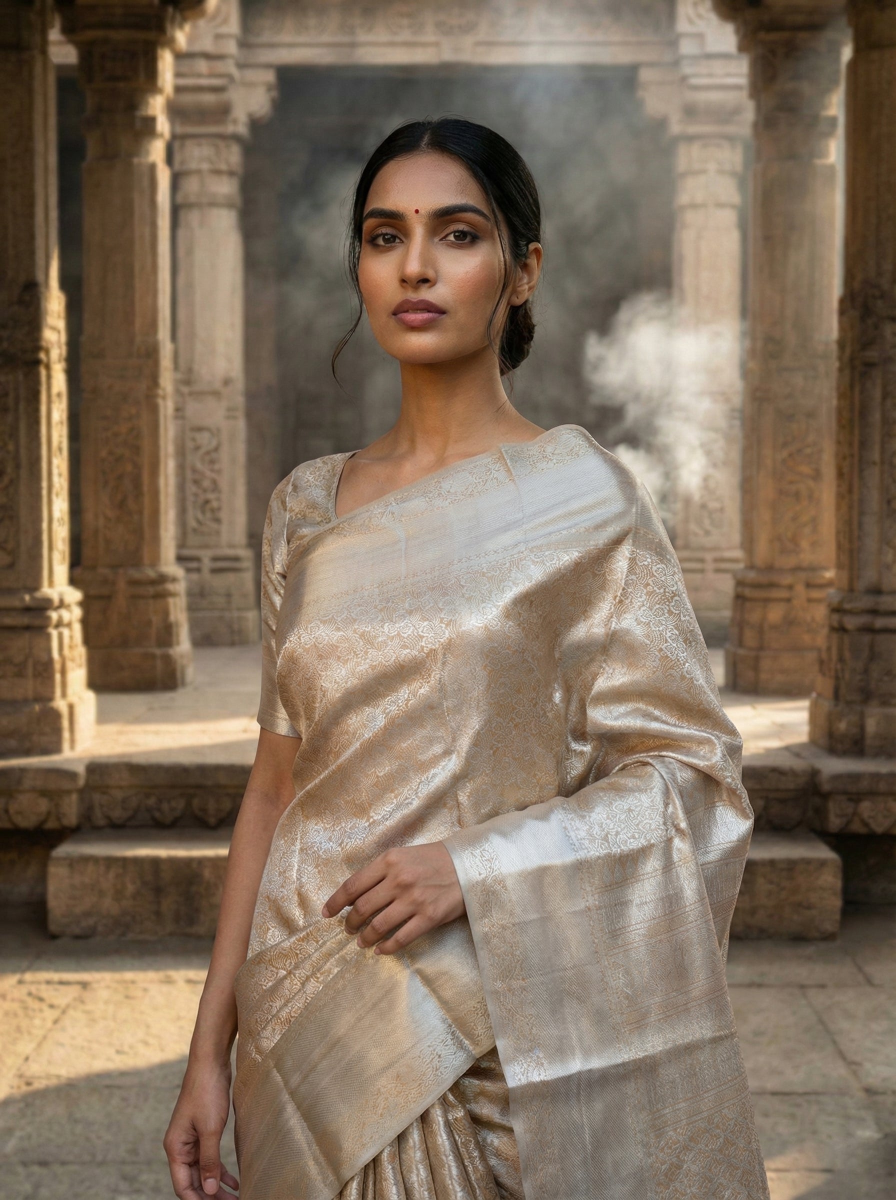 Orange With Silver Zari Designed Semi Silk Saree