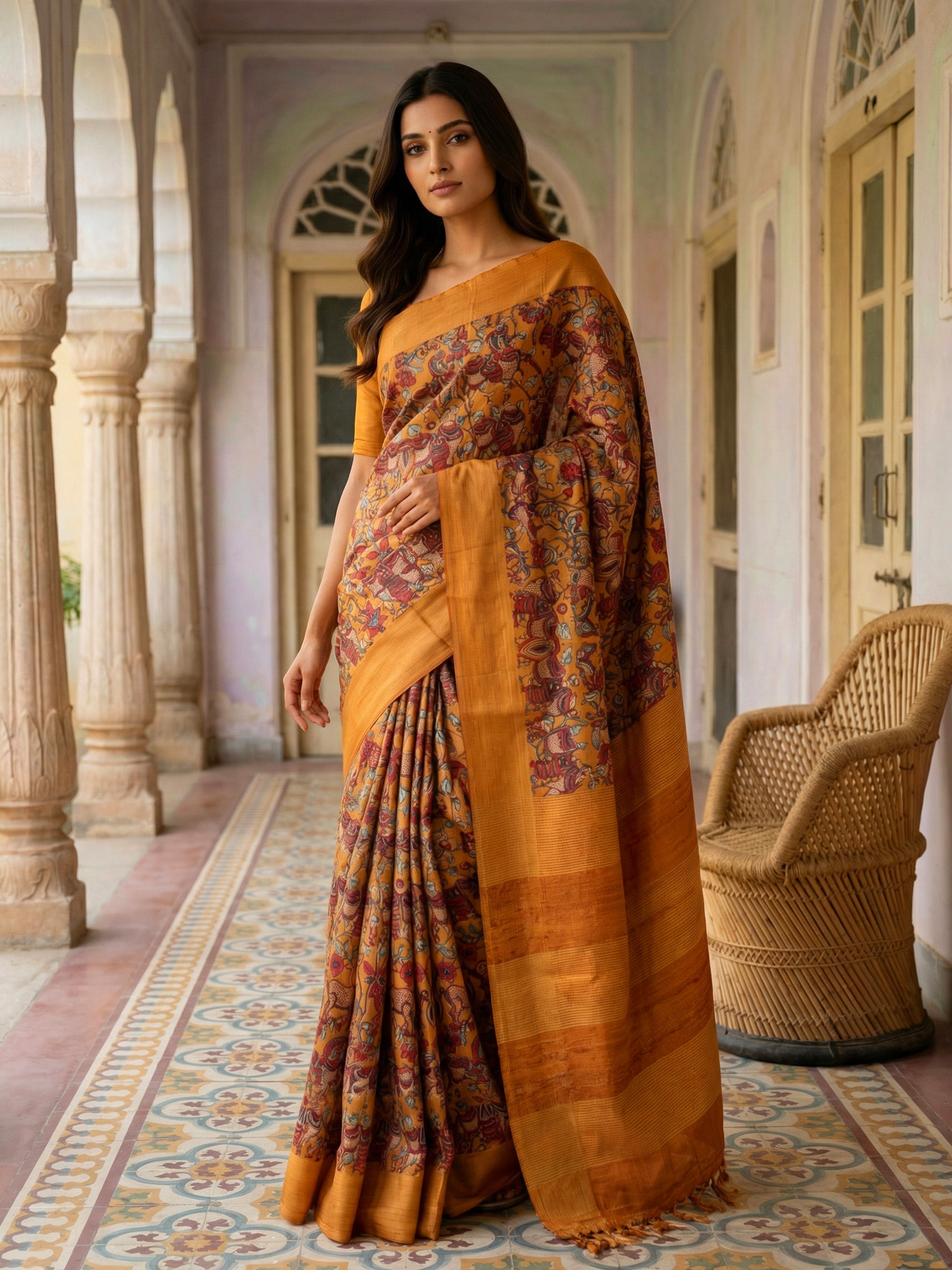 Pure Tussar Silk Saree in Ochre Yellow with Pichwai Design & Self Border