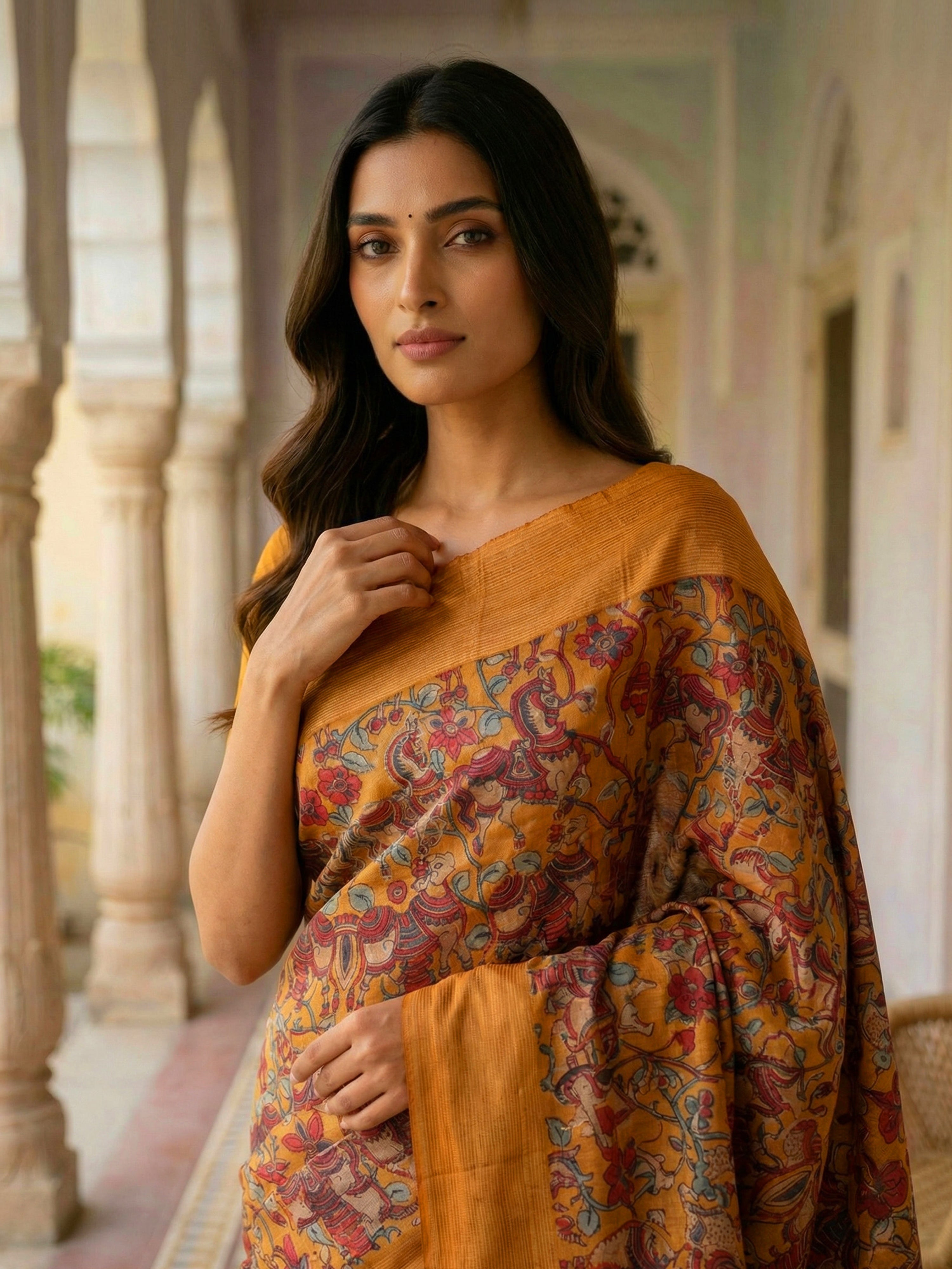 Pure Tussar Silk Saree in Ochre Yellow with Pichwai Design & Self Border