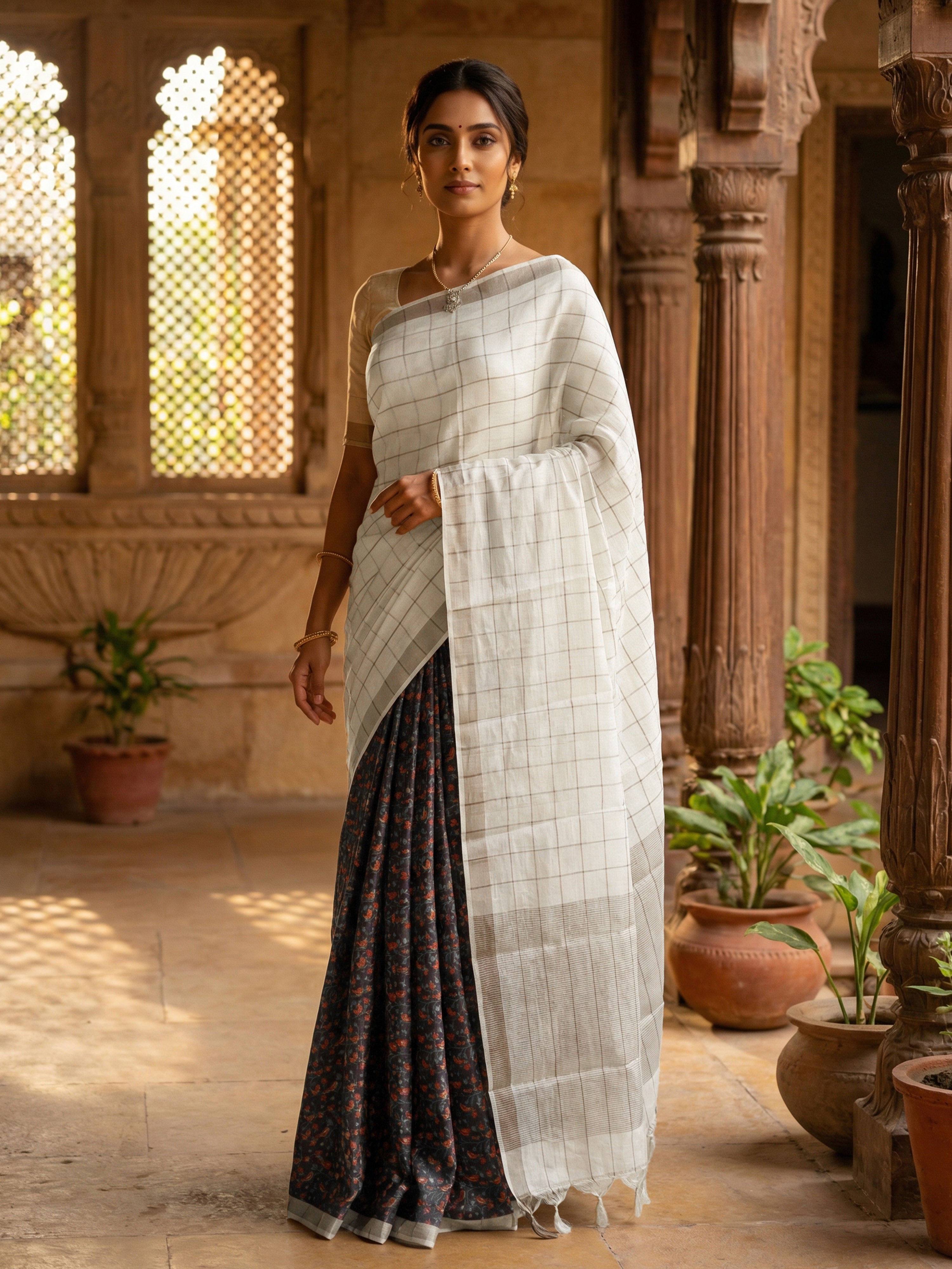 Pure Tusser Silk Fusion Saree in Greyish Black & Beige with Check and Printed Design