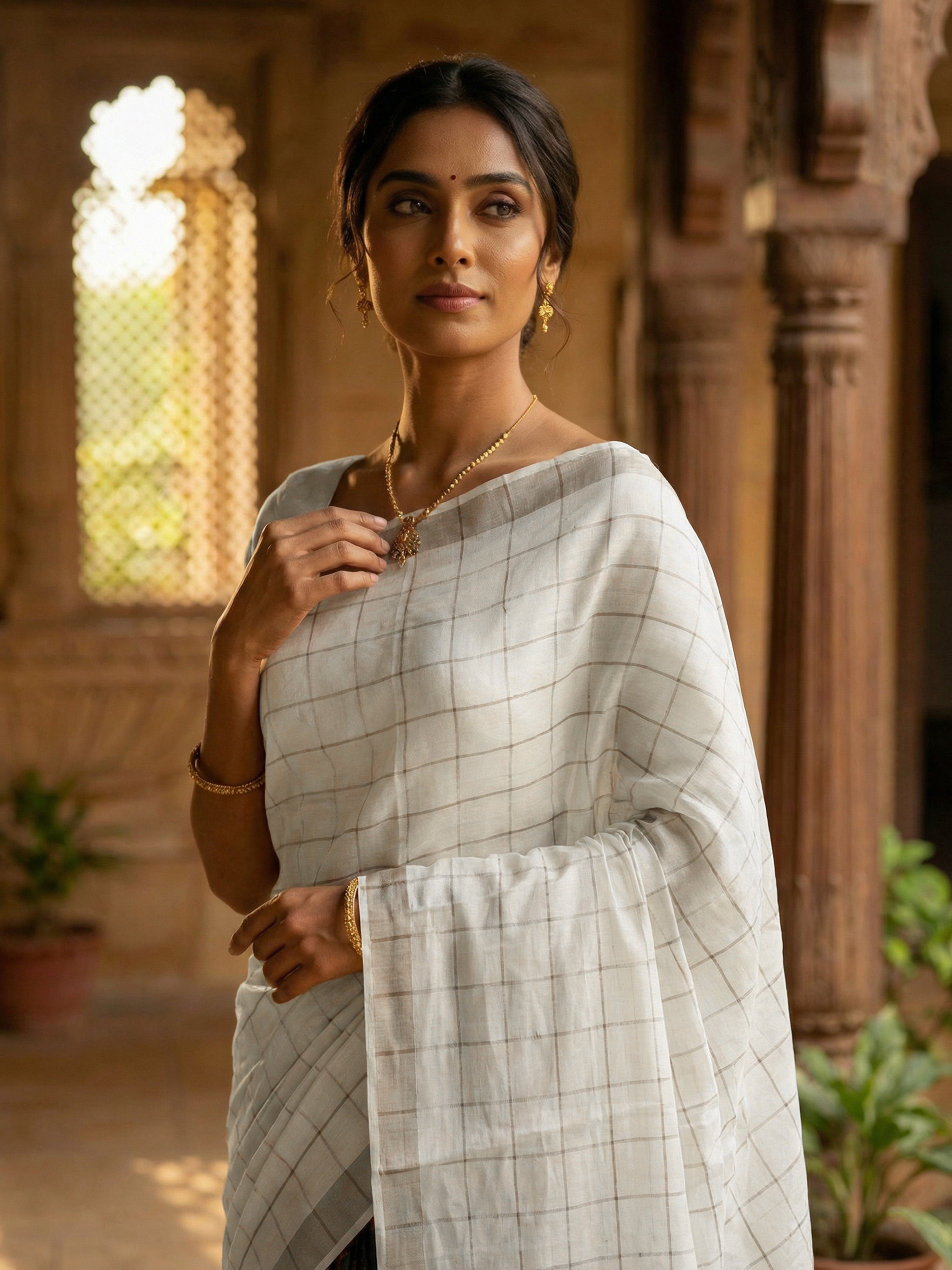 Pure Tusser Silk Fusion Saree in Greyish Black & Beige with Check and Printed Design