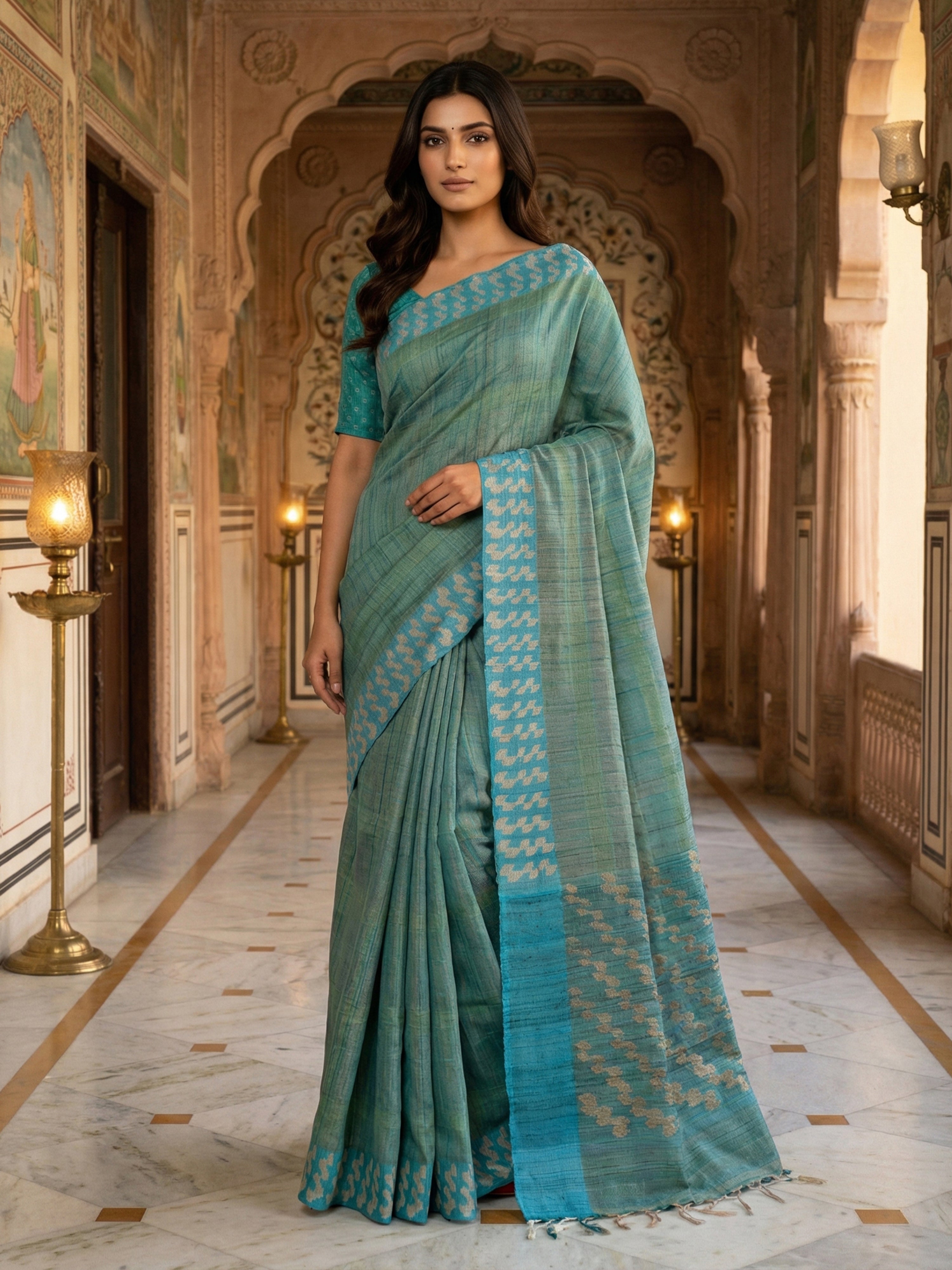 Pure Tussar Silk Saree in Sage Green with Contrast Ikat-Style Border & Pallu