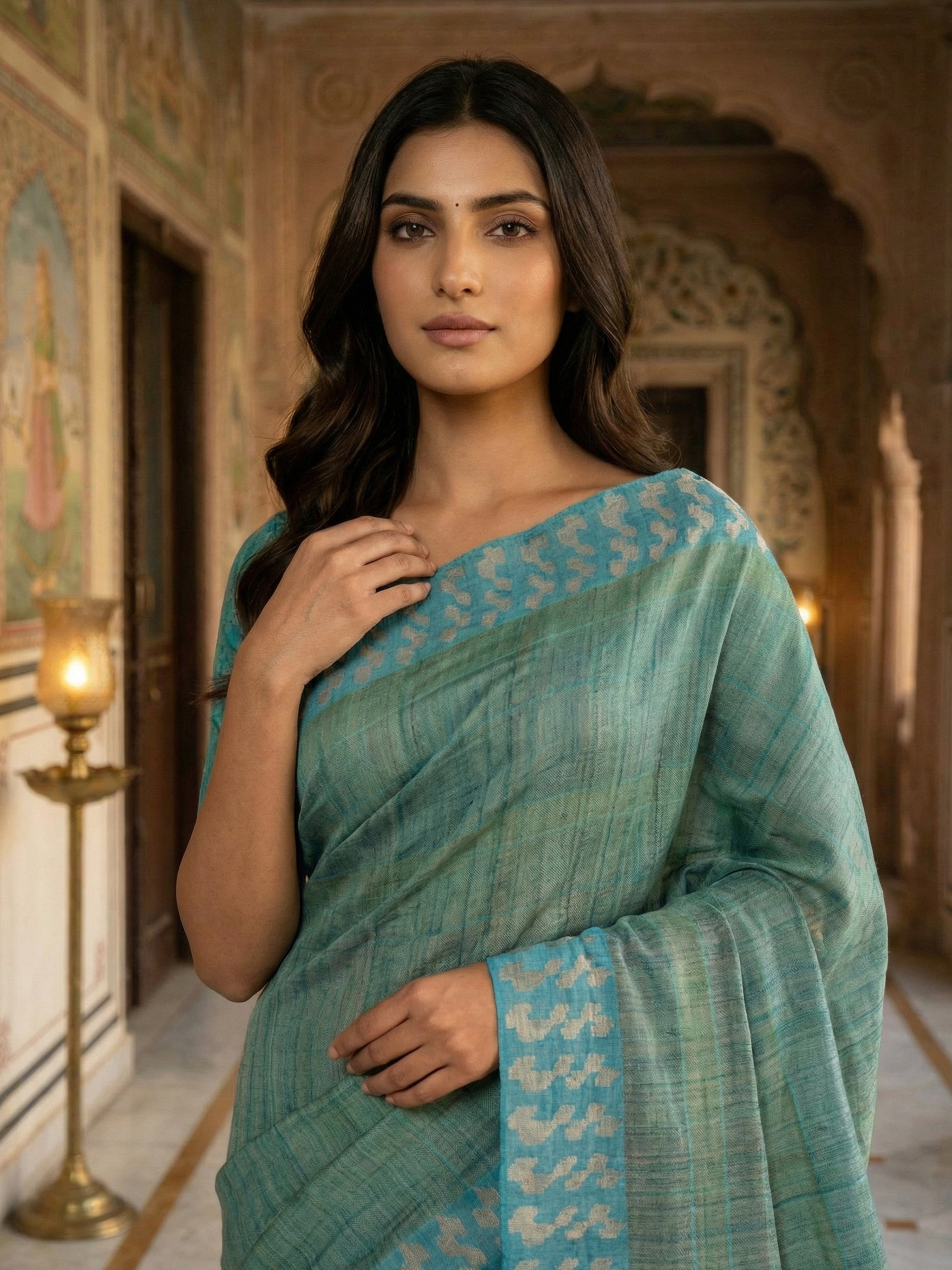 Pure Tussar Silk Saree in Sage Green with Contrast Ikat-Style Border & Pallu