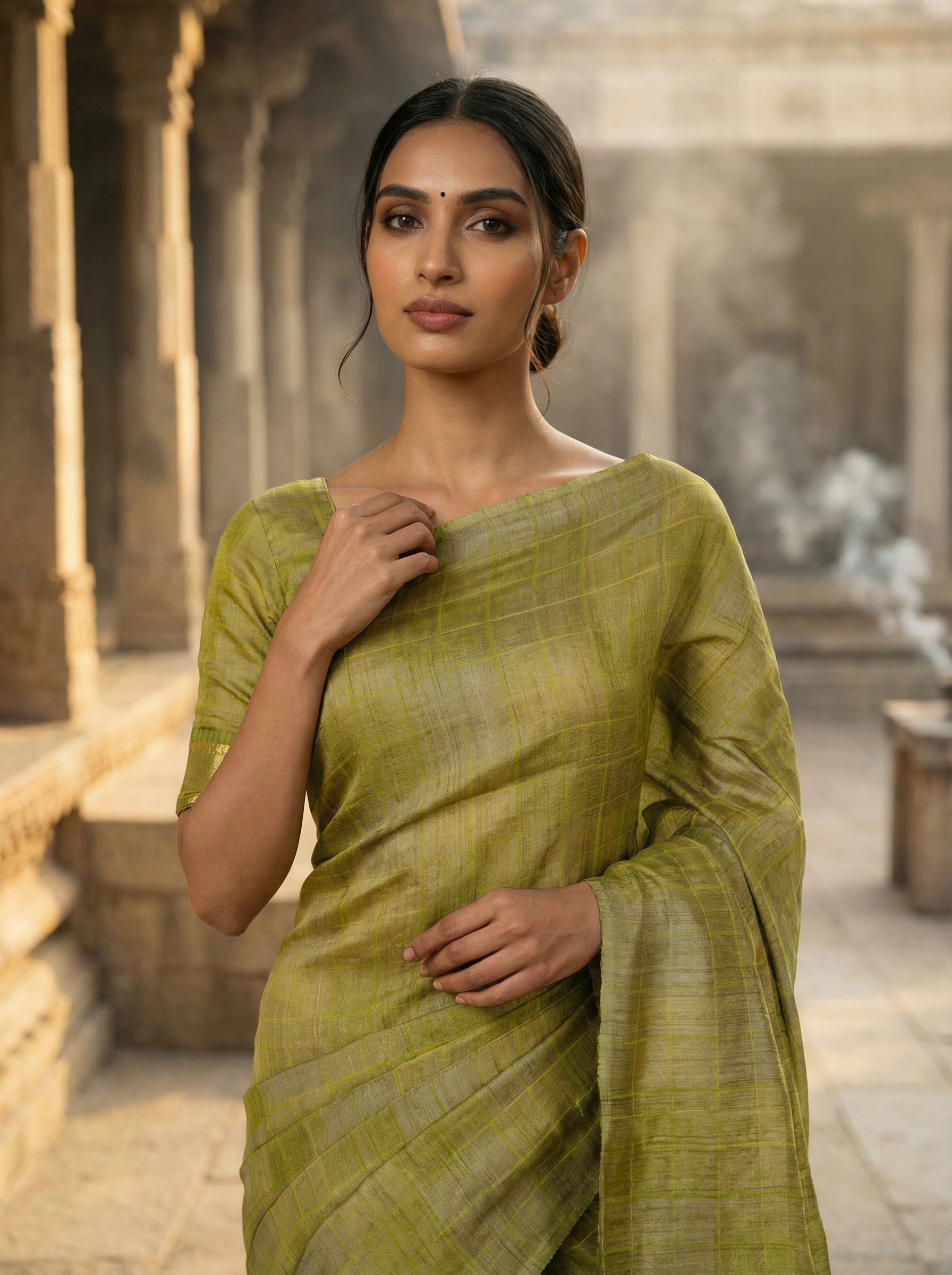 Olive Green And Grey Check Designed Tussar Silk Saree