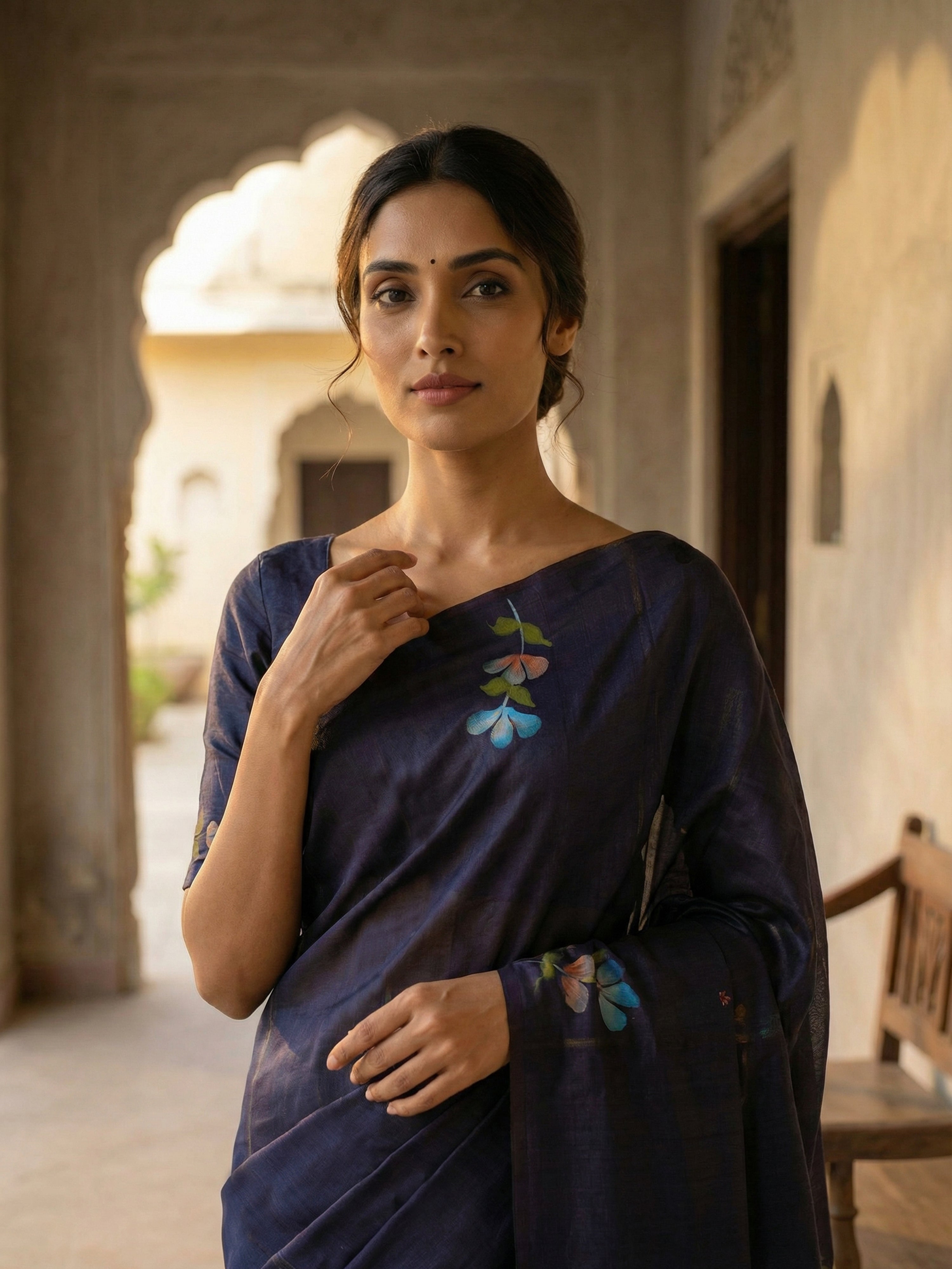 Navy Blue Floral Designed Semi Tussar Saree