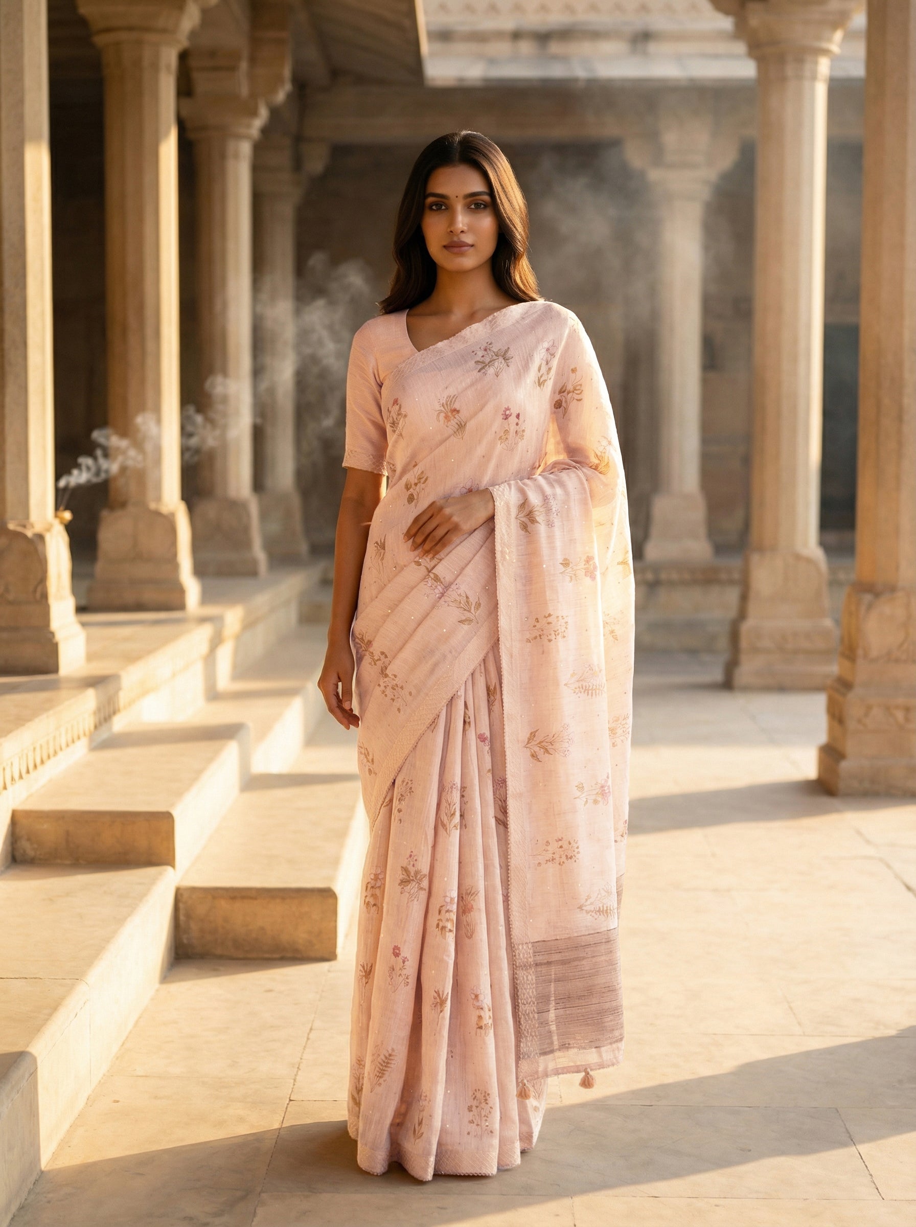 Light Peach Borderless Floral Designed Tussar Silk Saree
