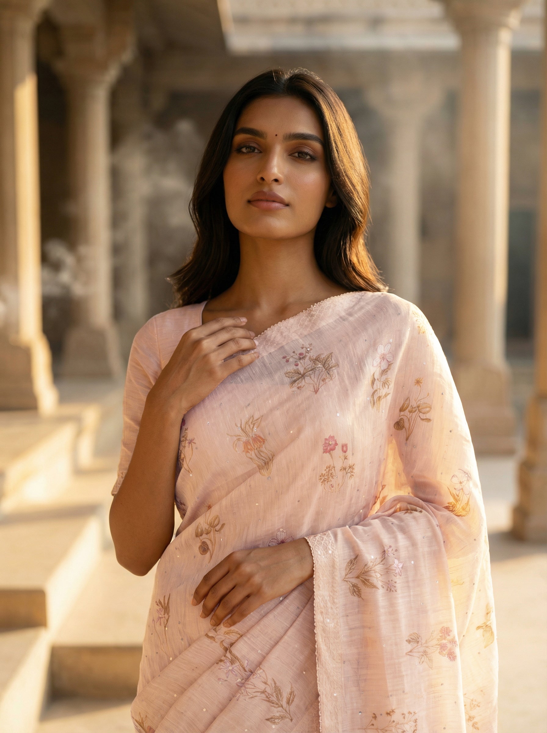 Light Peach Borderless Floral Designed Tussar Silk Saree