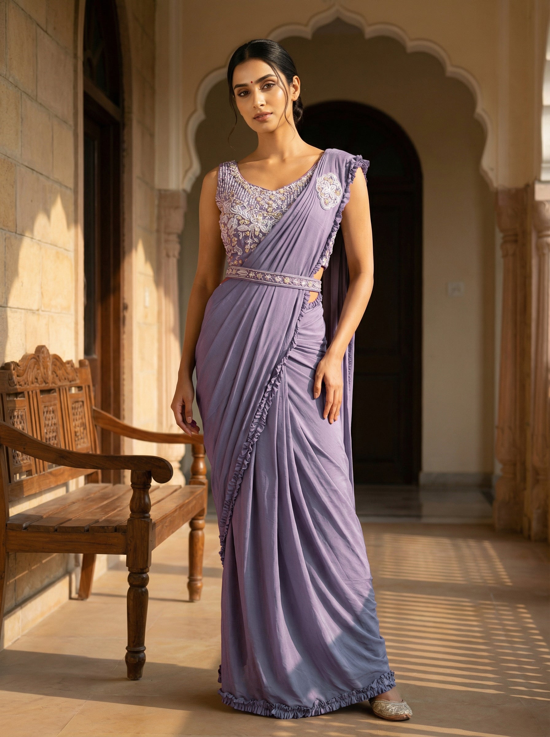 Lavender Color Ready To Wear Saree With Frilled Border
