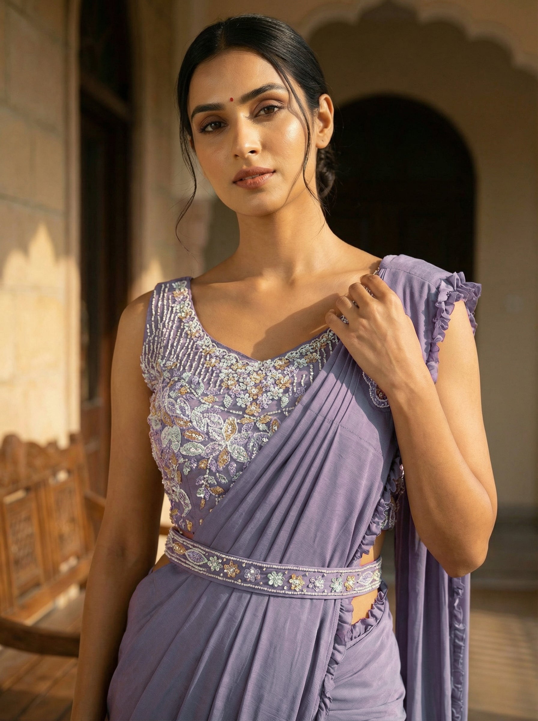 Lavender Color Ready To Wear Saree With Frilled Border
