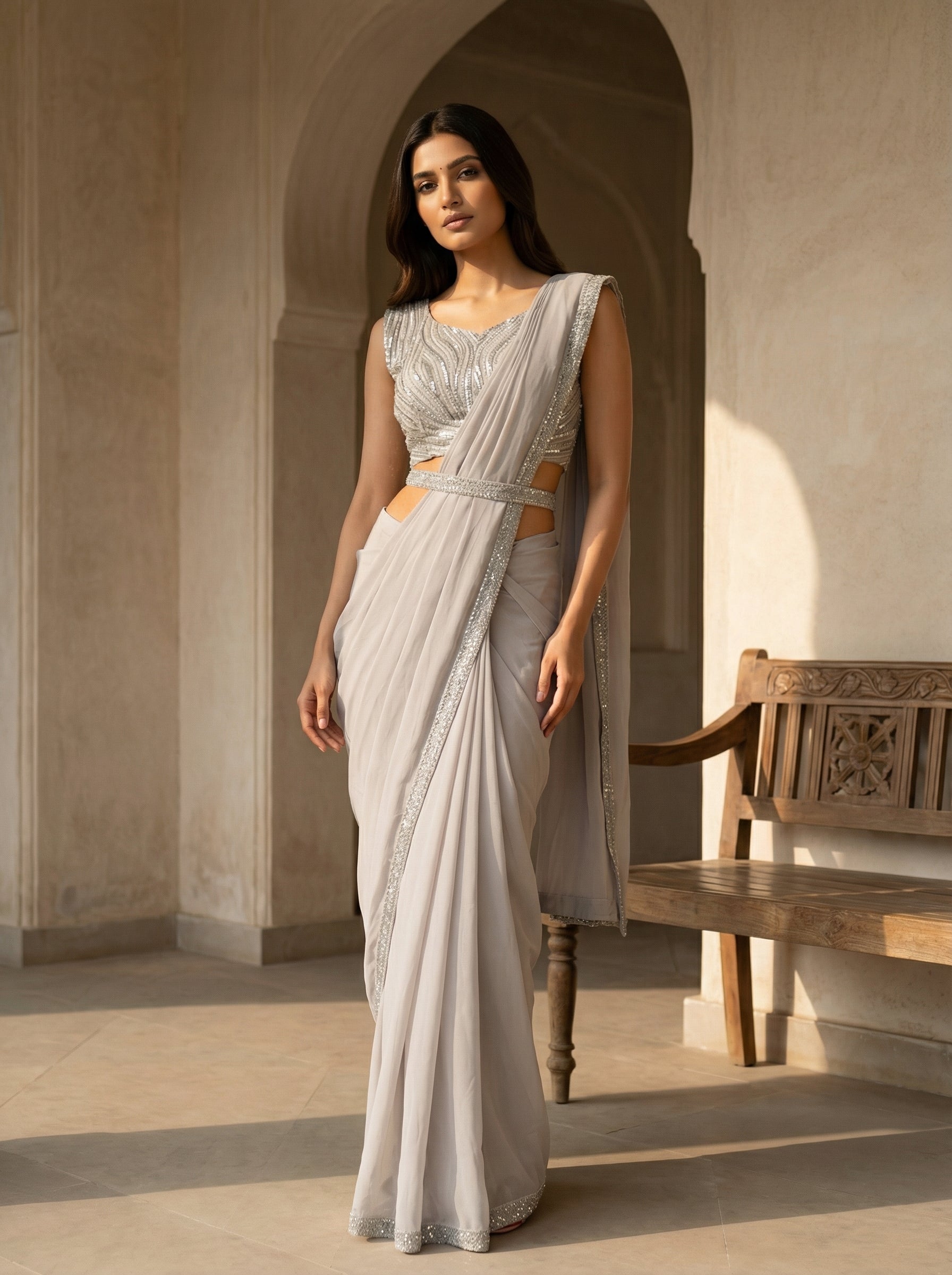 Light Ash Color Ready To Wear Saree With Matching Blouse