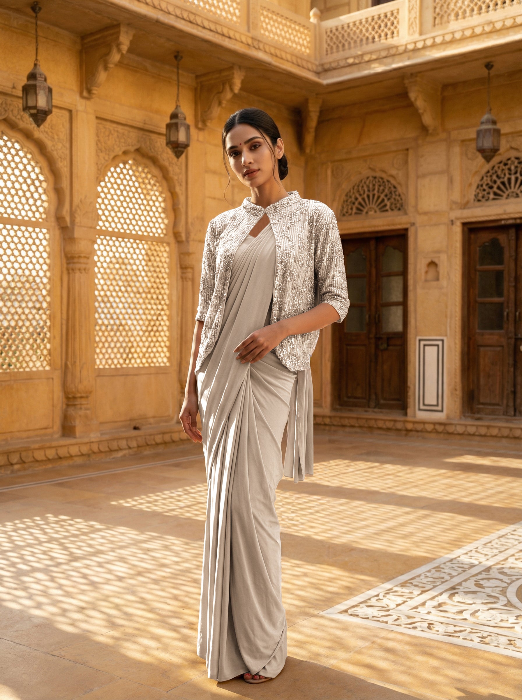 Beige Ready-to-Wear Chiffon Saree with Embellished Sequin Jacket