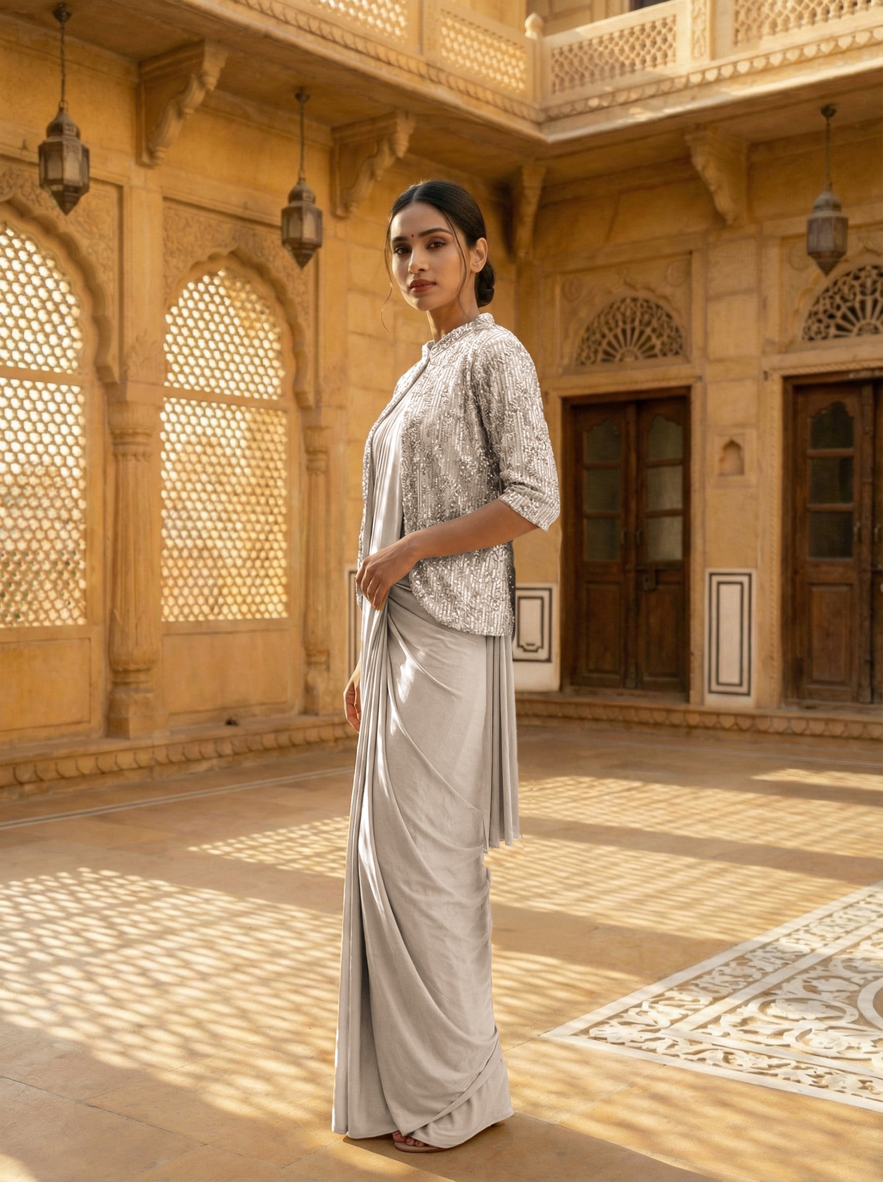 Beige Ready-to-Wear Chiffon Saree with Embellished Sequin Jacket