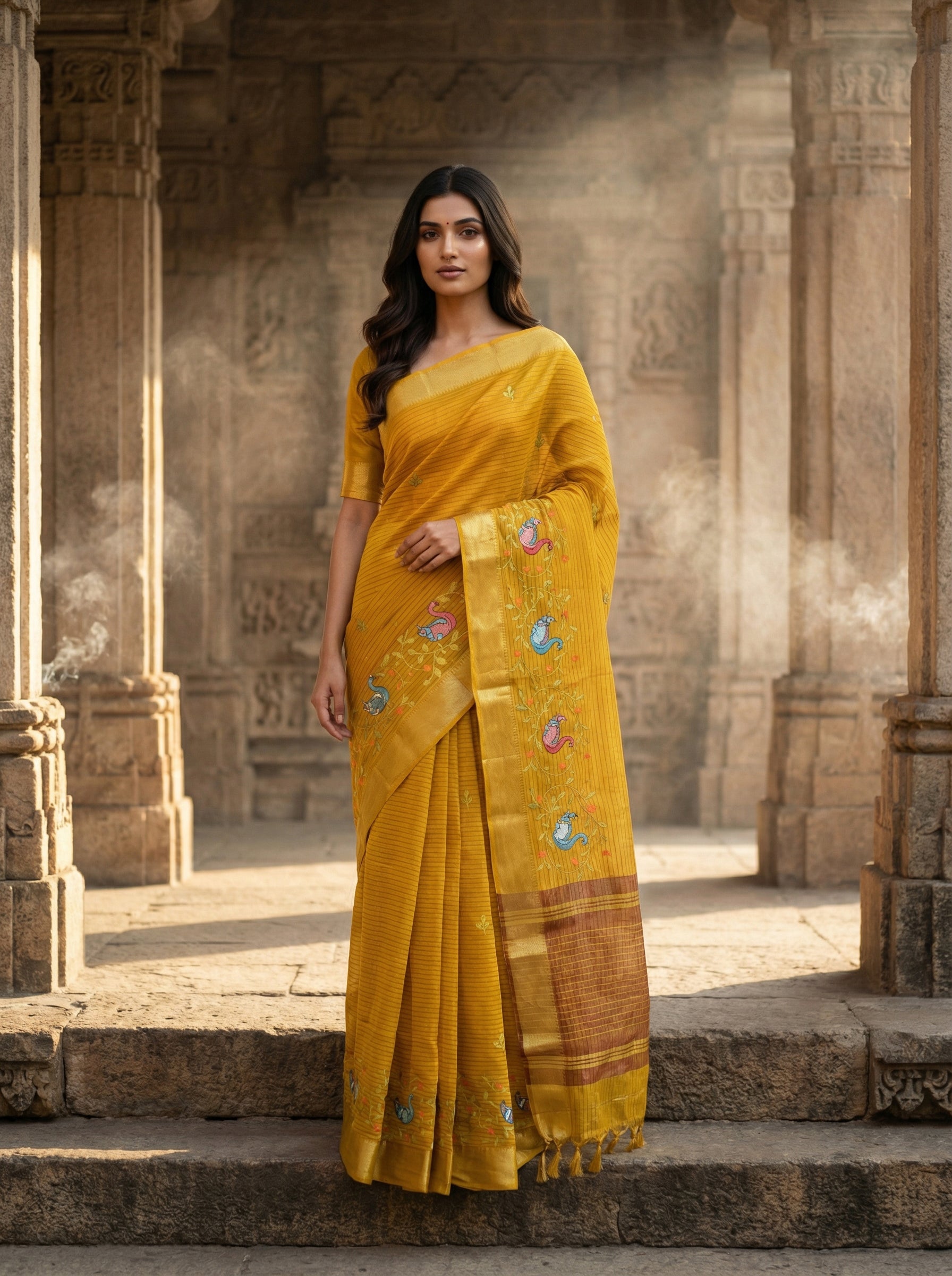 Yellow Striped Cotton Saree With Embroidery Design