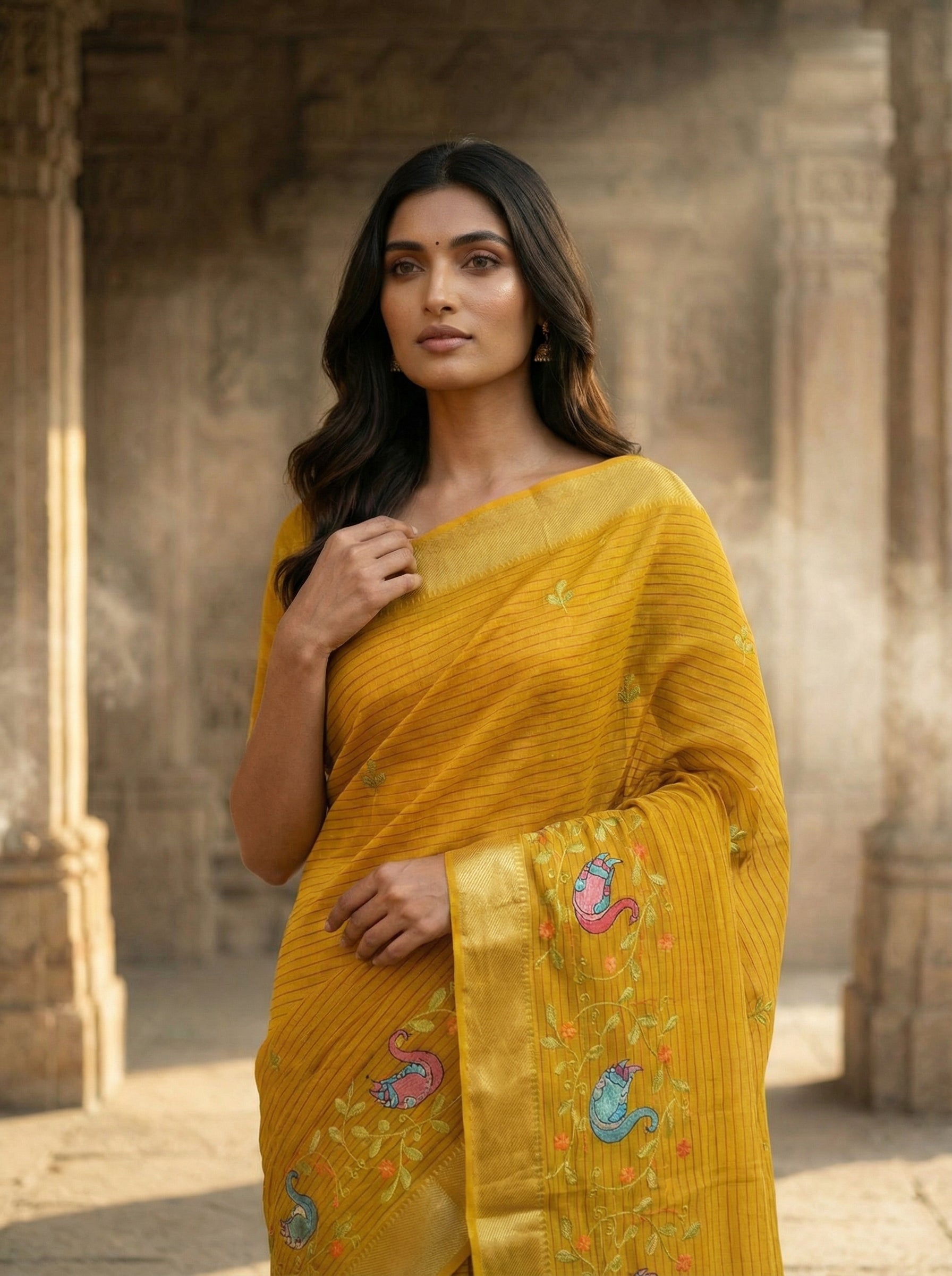 Yellow Striped Cotton Saree With Embroidery Design