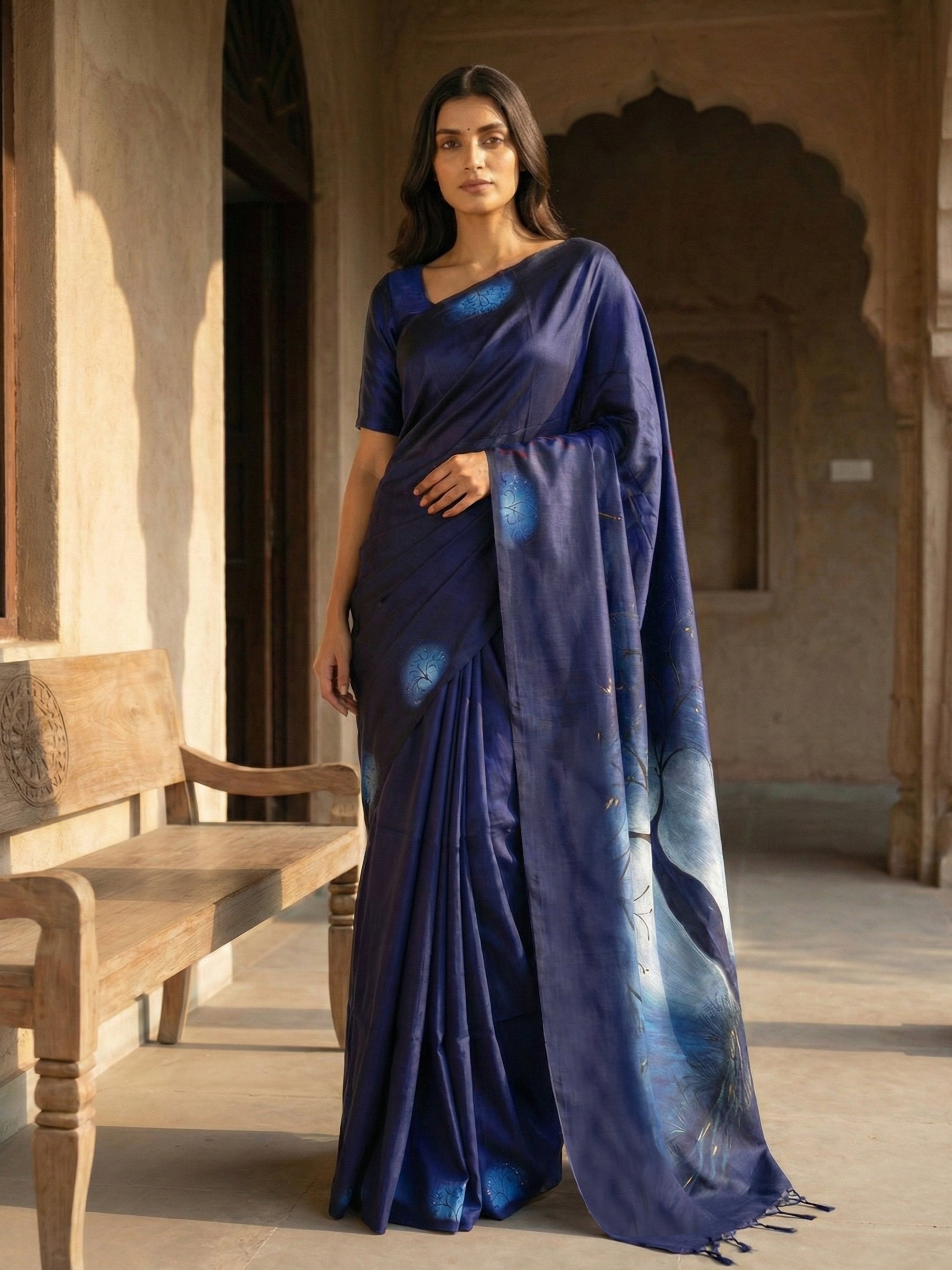 Pure Kancheepuram Silk Saree in Navy Blue – Plain Body with Mural Print Pallu