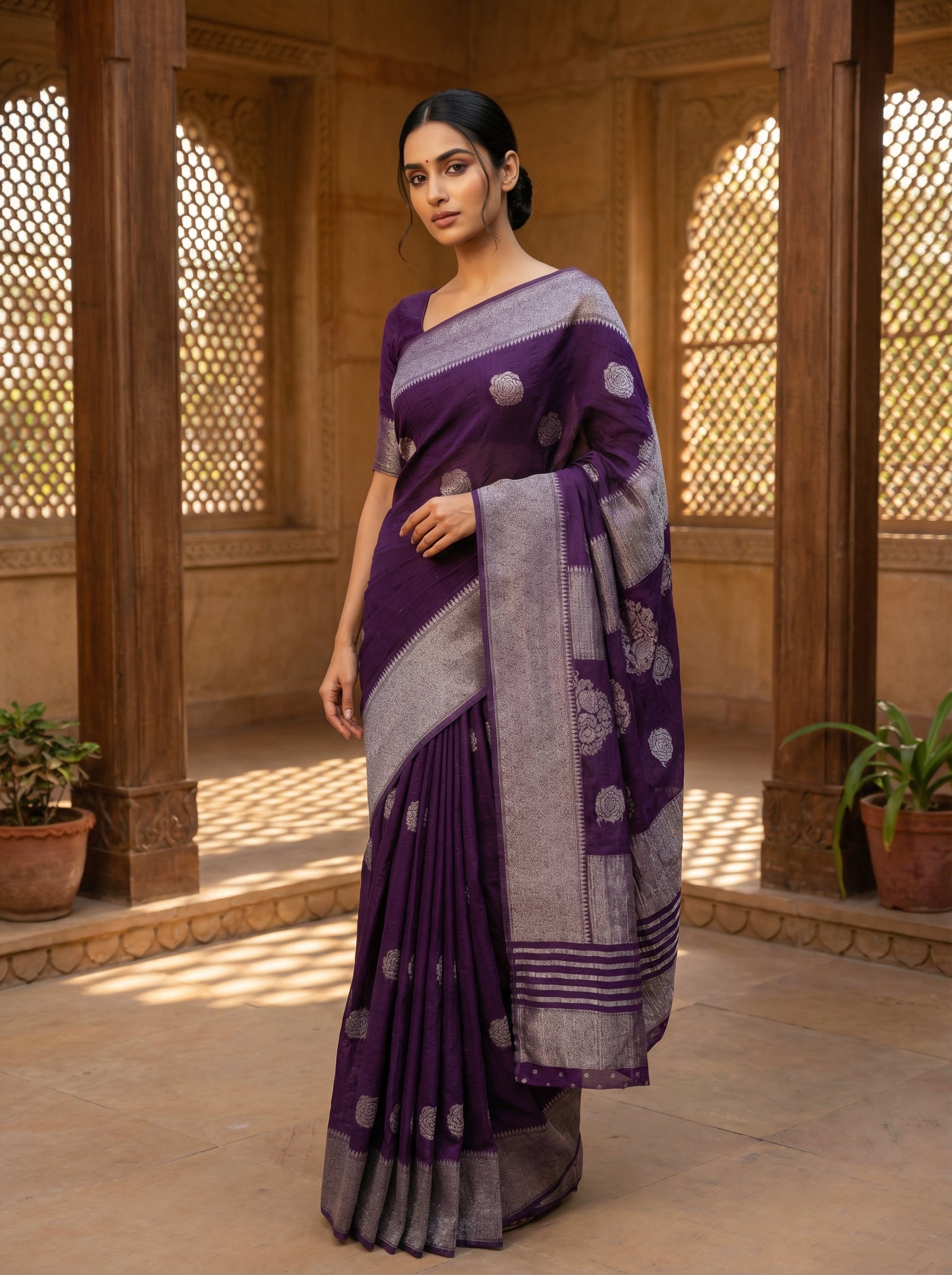 Purple Saree With Silver Buttas