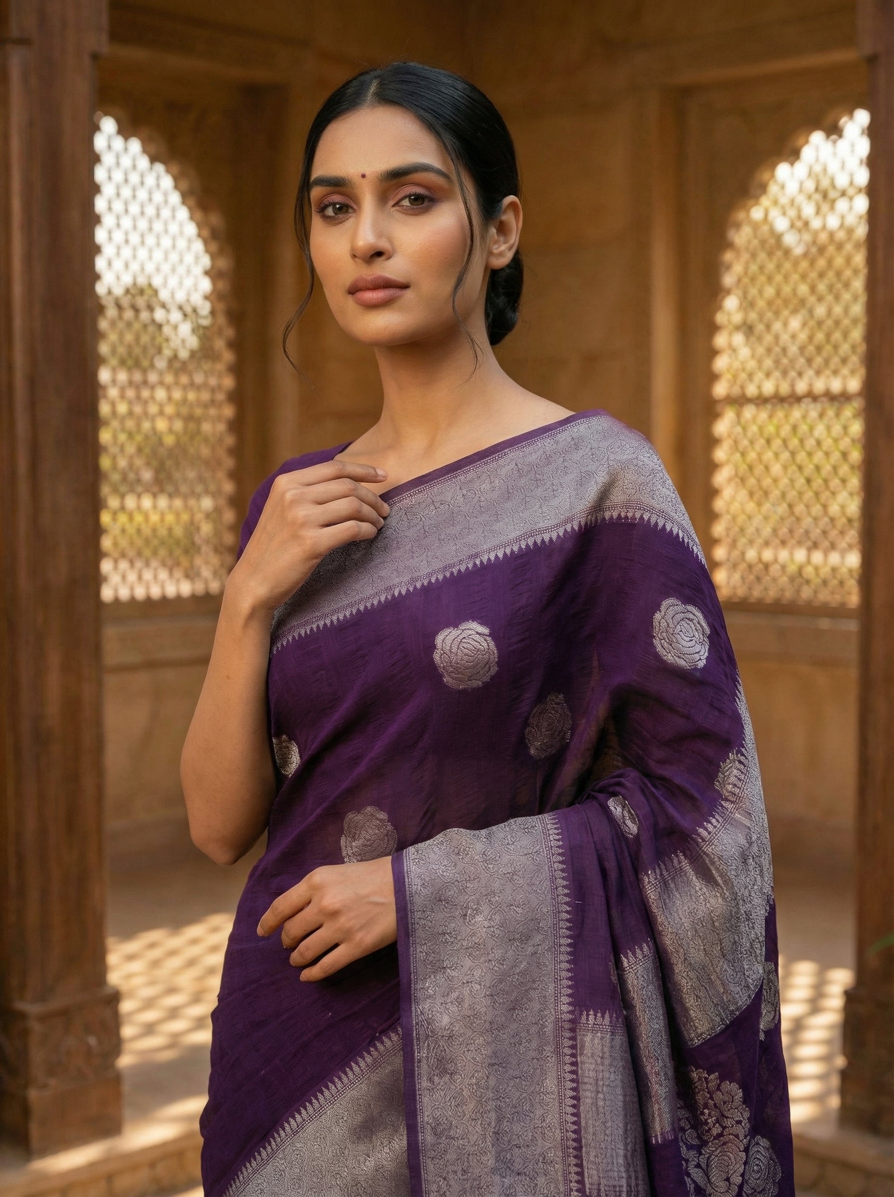 Purple Saree With Silver Buttas
