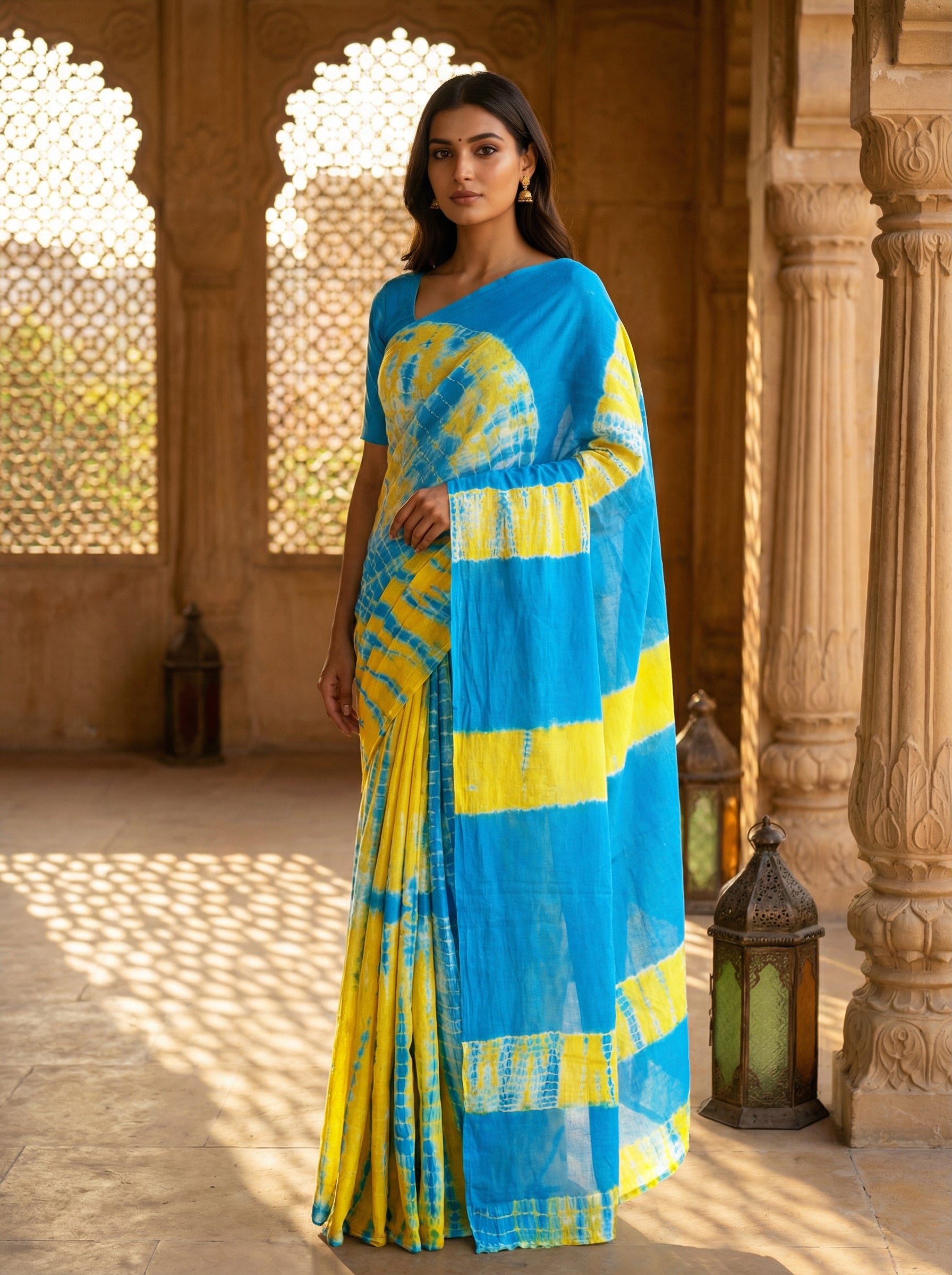 Sea Blue And Yellow  Printed Cotton Saree