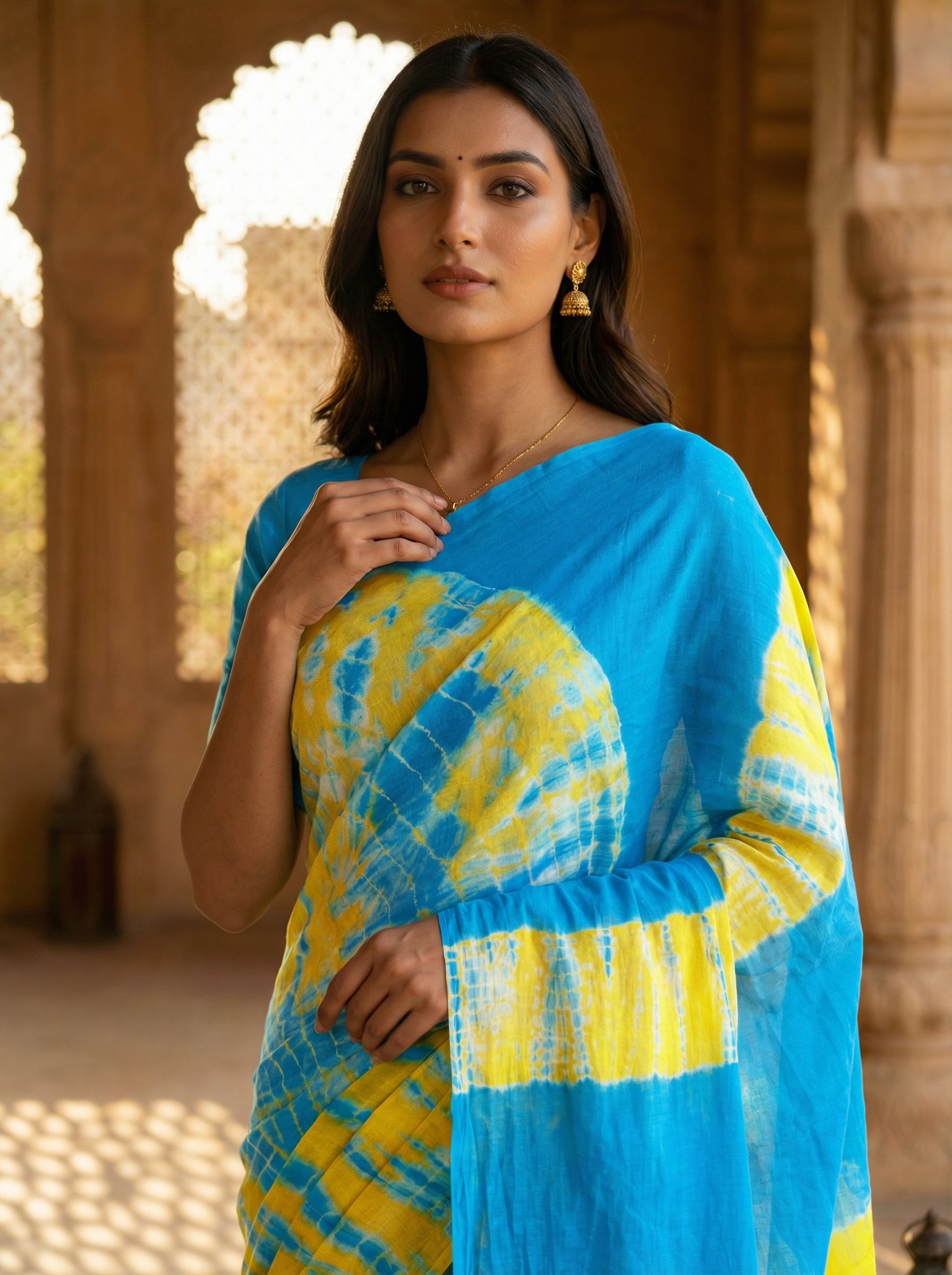 Sea Blue And Yellow  Printed Cotton Saree