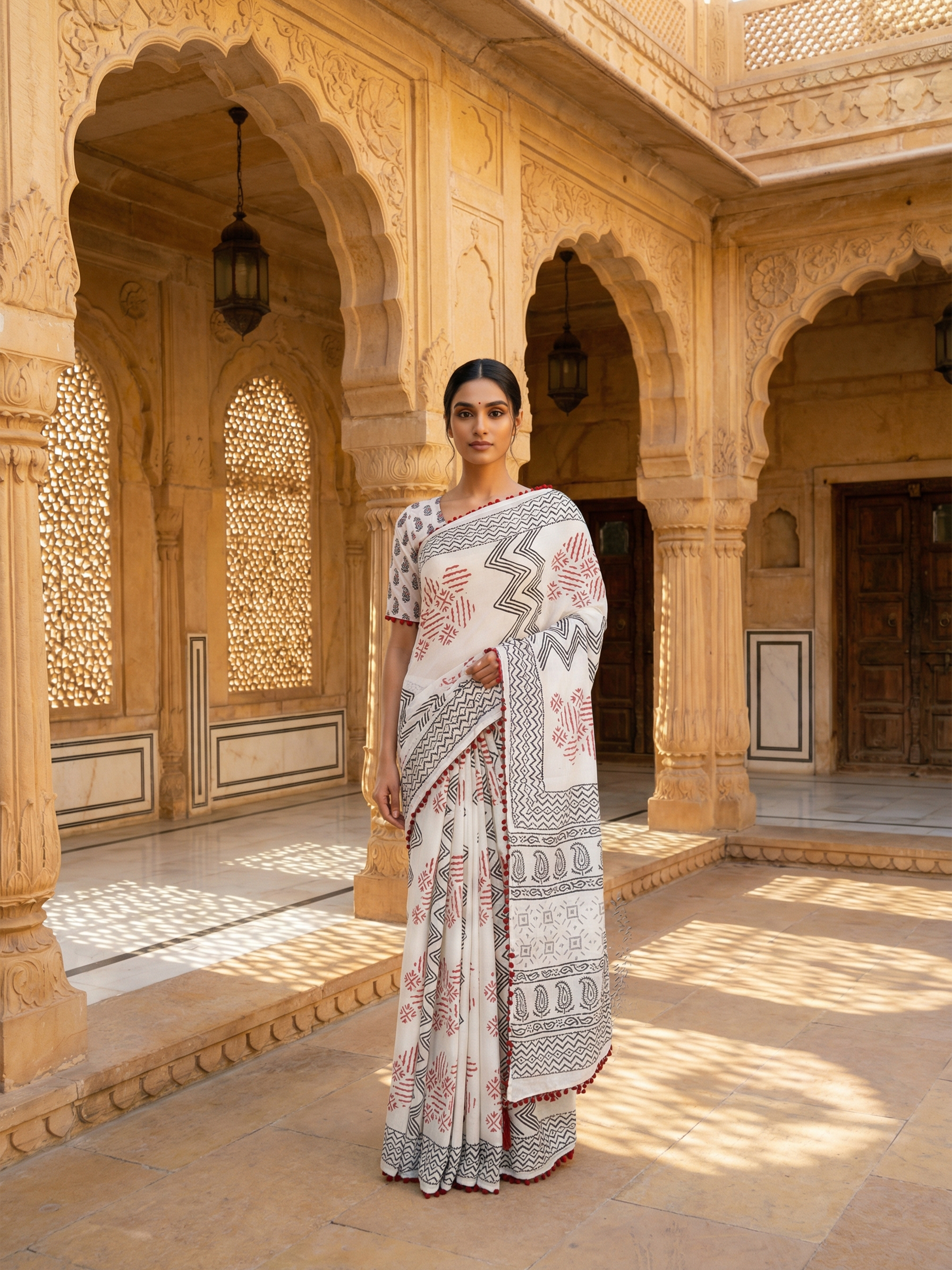 White Printed Pure Cotton Saree