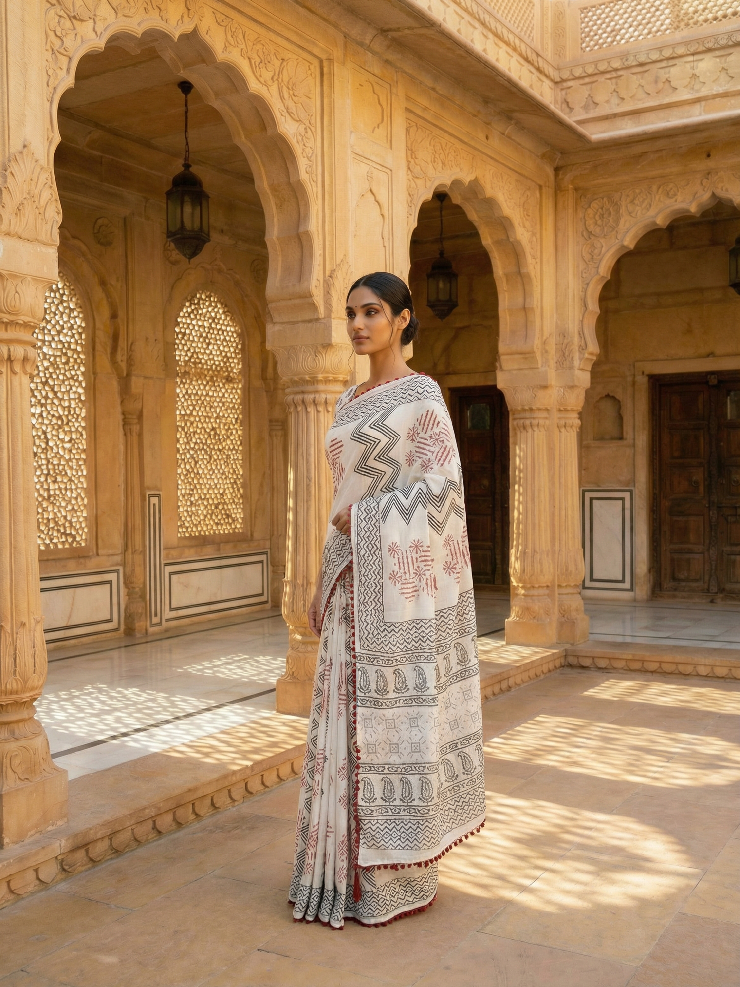 White Printed Pure Cotton Saree
