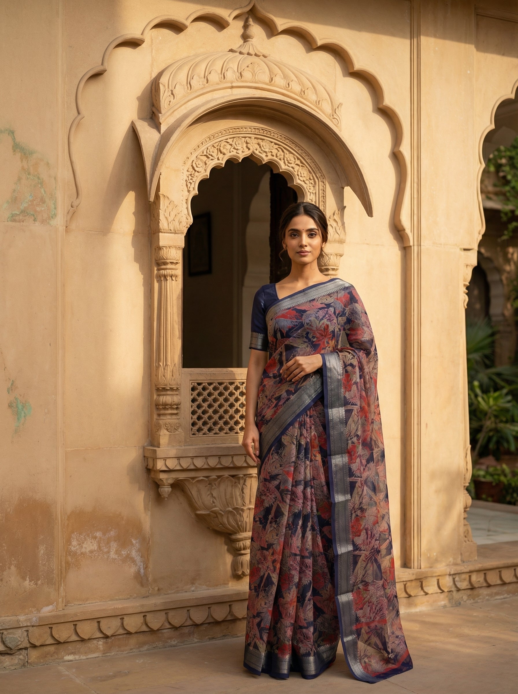 Navy Blue Designer Printed Saree with Floral Print and Zari Border