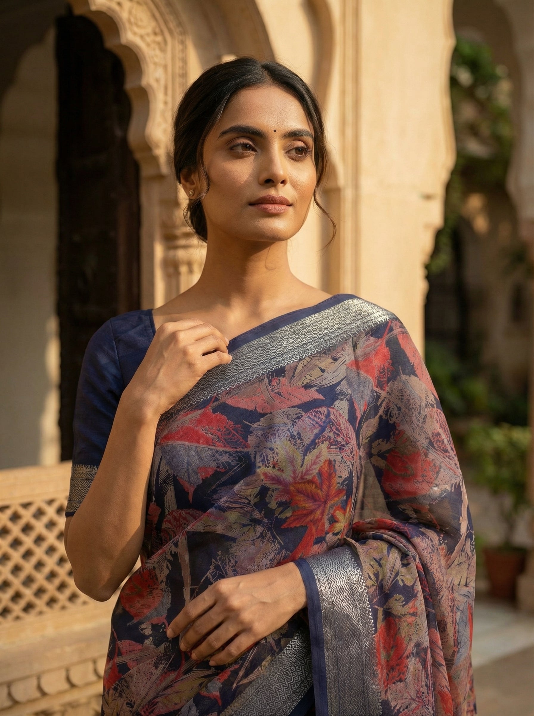 Navy Blue Designer Printed Saree with Floral Print and Zari Border