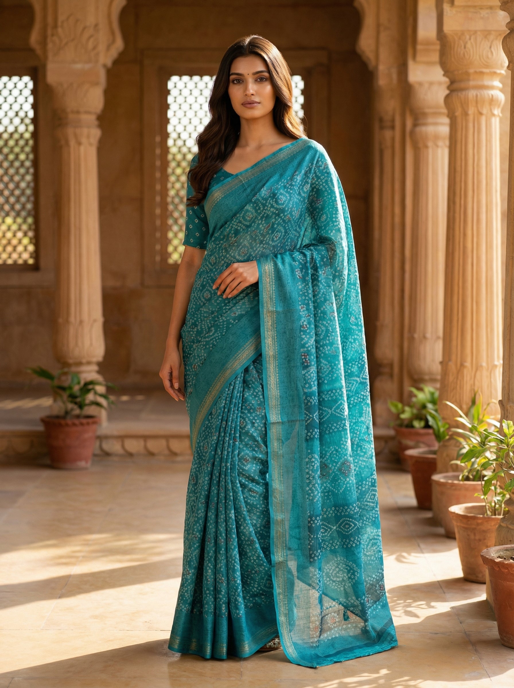 Teal Green Printed Saree with Traditional Bandhani-Inspired Motifs