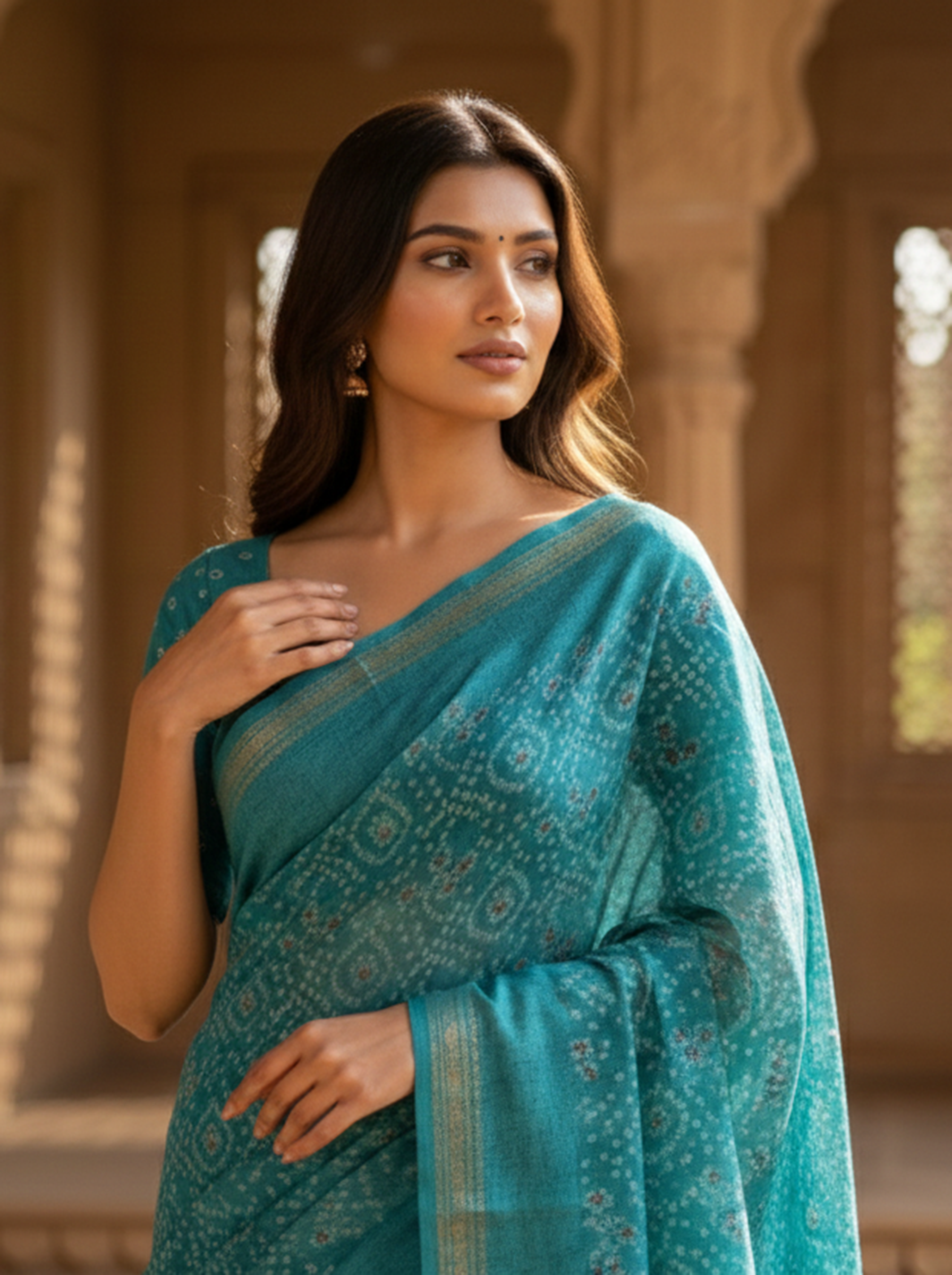 Teal Green Printed Saree with Traditional Bandhani-Inspired Motifs