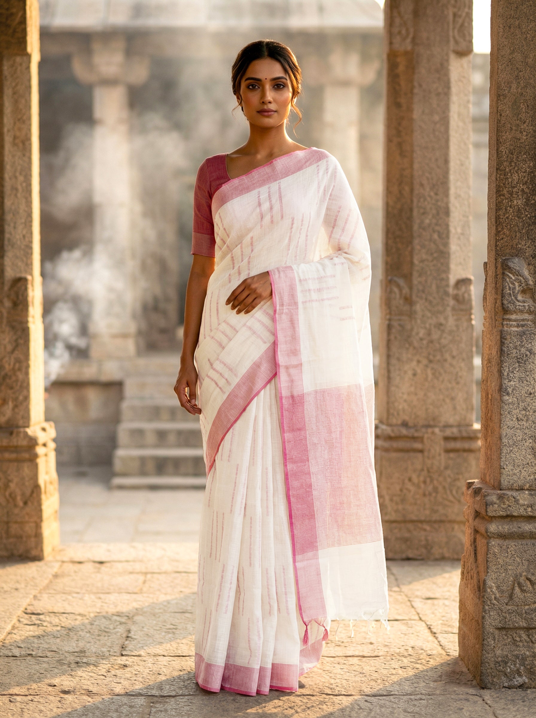 Off-White Cotton Saree with Pink Striped Weave and Contrast Border