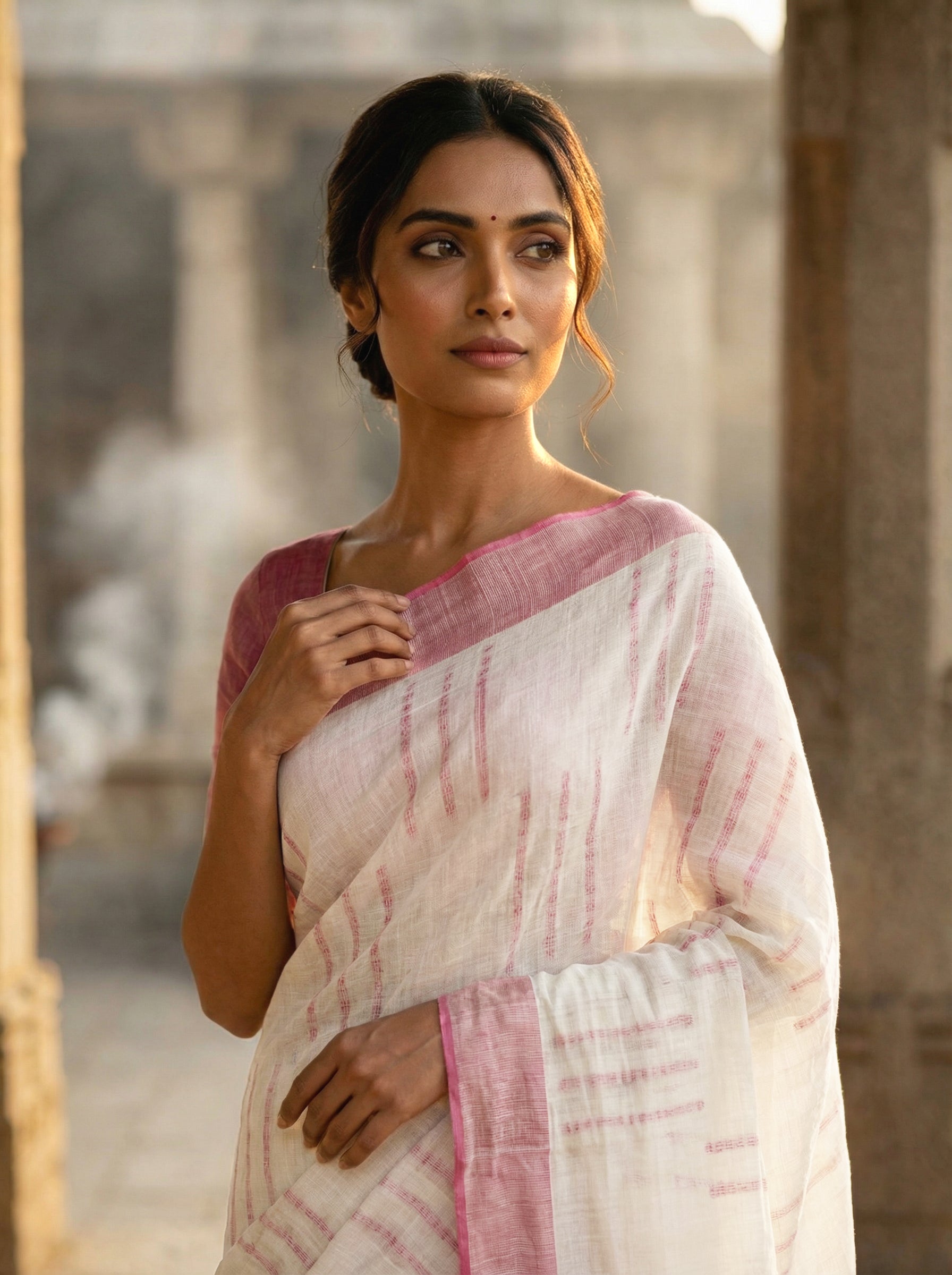 Off-White Cotton Saree with Pink Striped Weave and Contrast Border