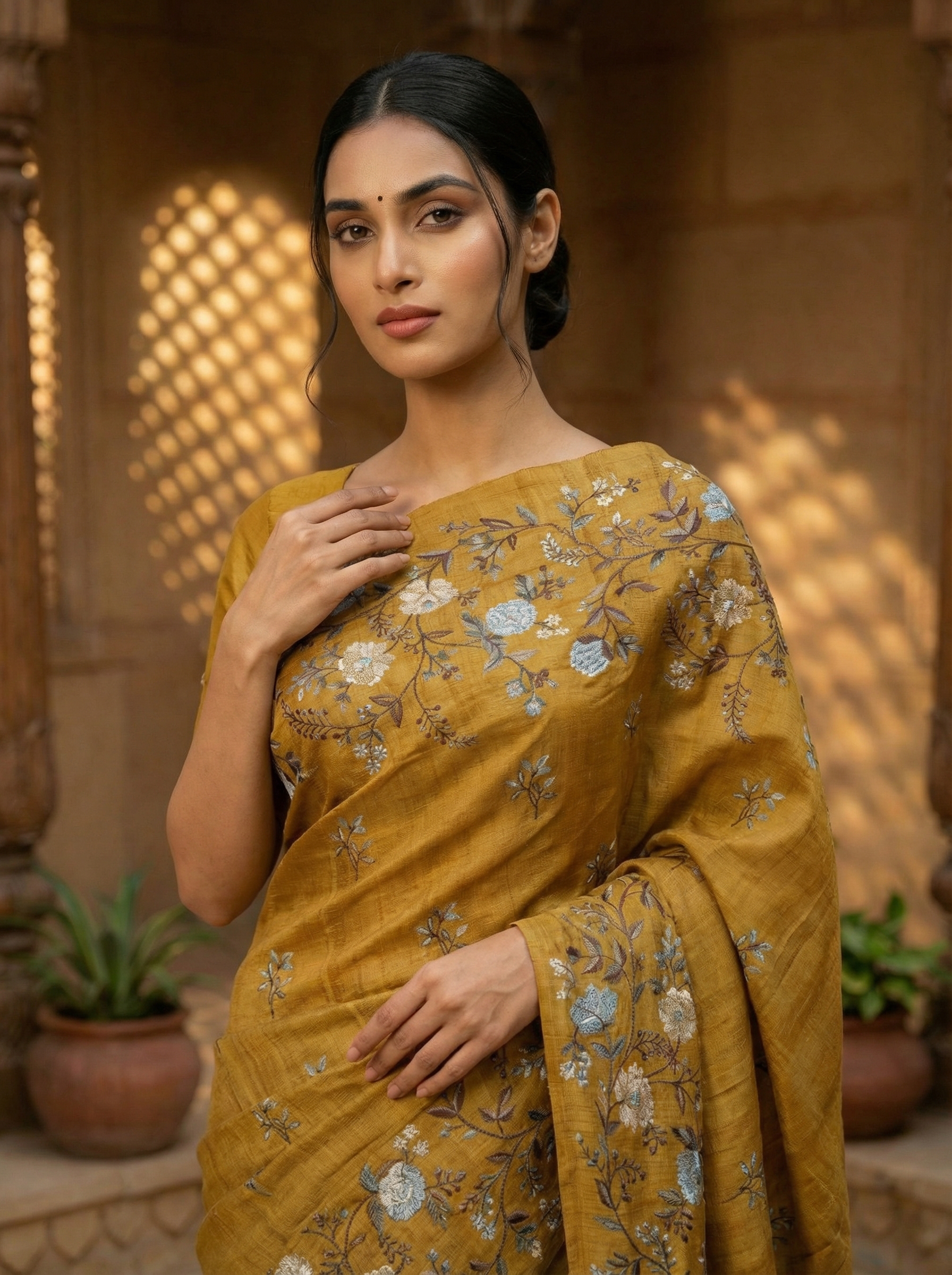 Mustard Floral Printed Tussar Saree